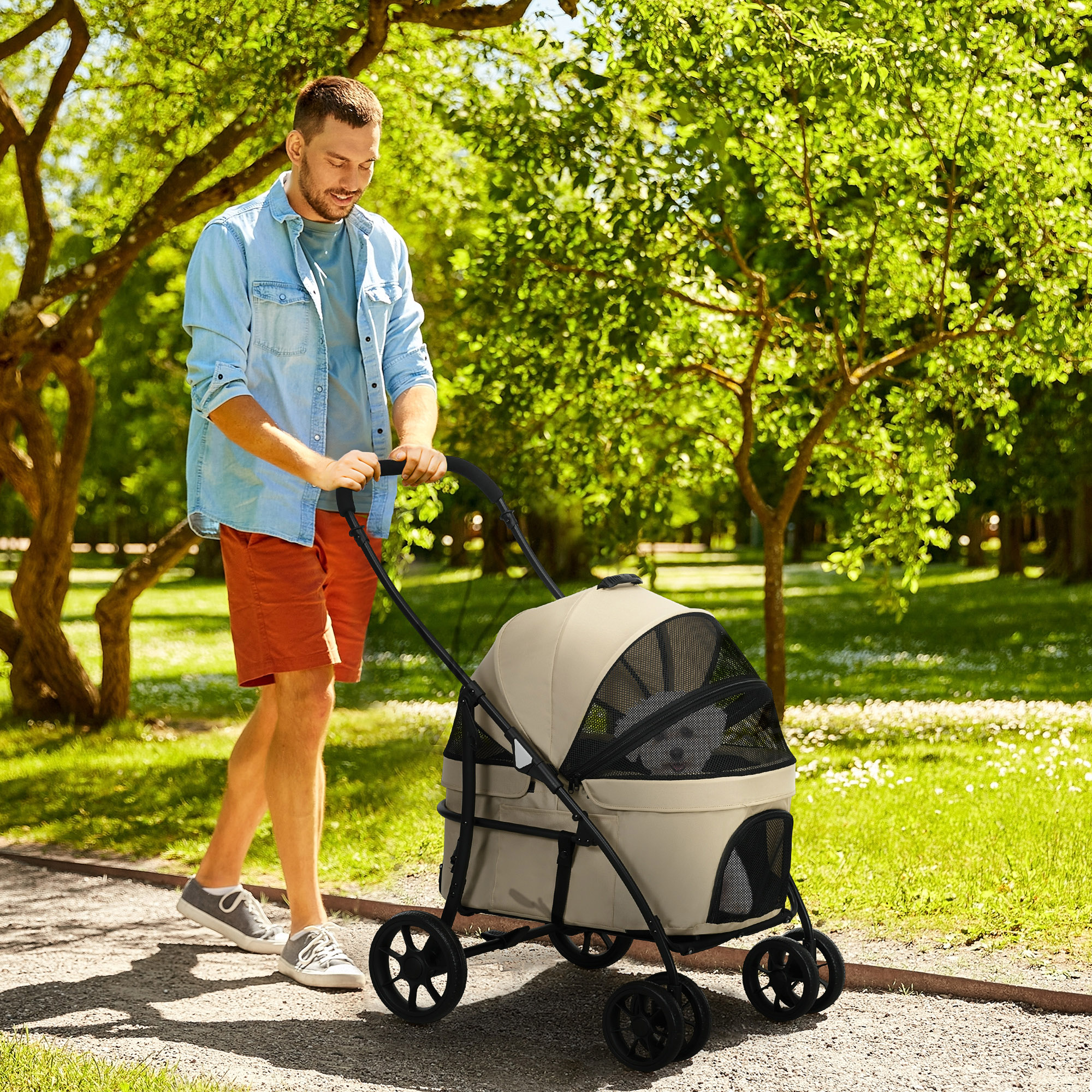 PawHut Hundekinderwagen 2 in 1, klappbare Wanne abnehmbar, Kissen, Sicherheitsgurt, 600D Oxford 81 x 68 x 98,5 cm Khaki