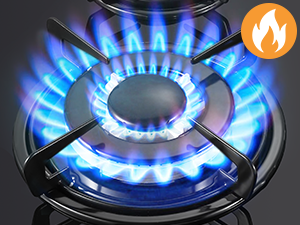 Fornello a gas con anello di fiamma blu brillante, che mostra una distribuzione uniforme del calore e una forte struttura della fiamma attorno al bruciatore circolare