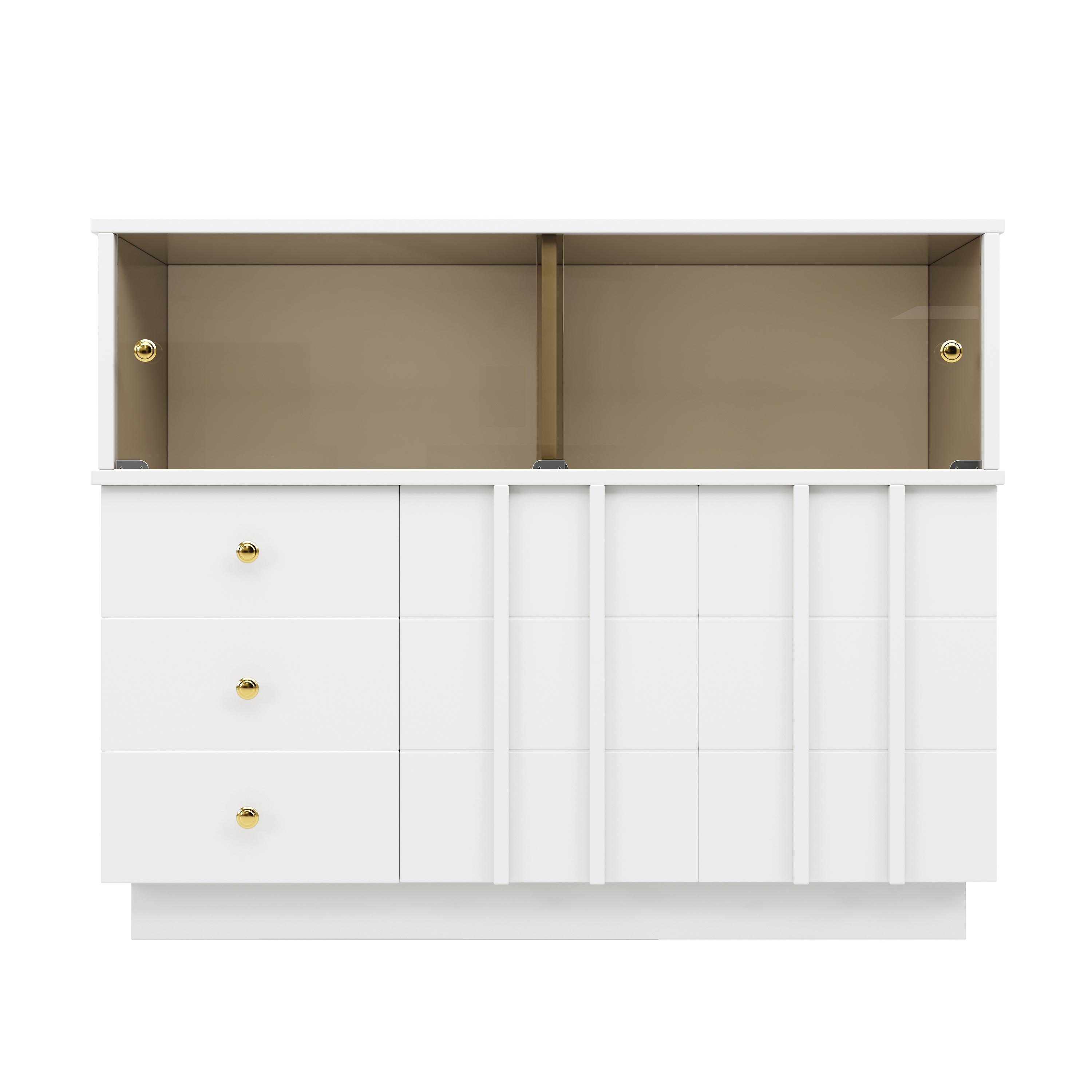 Anrichte Küchenschrank 120x95 cm mit Glastüren, Sideboard mit Regalen für Esszimmer und Wohnzimmer, weisser