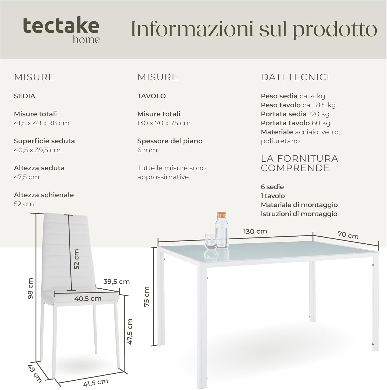 TecTake® Set di Mobili per Sala da Pranzo, 6 Sedie in Similpelle Resistente, Tavolo con Piano in Vetro, Design Moderno, Piedini SalvaPavimento, Ideale per Cucina e Soggiorno - Bianco
