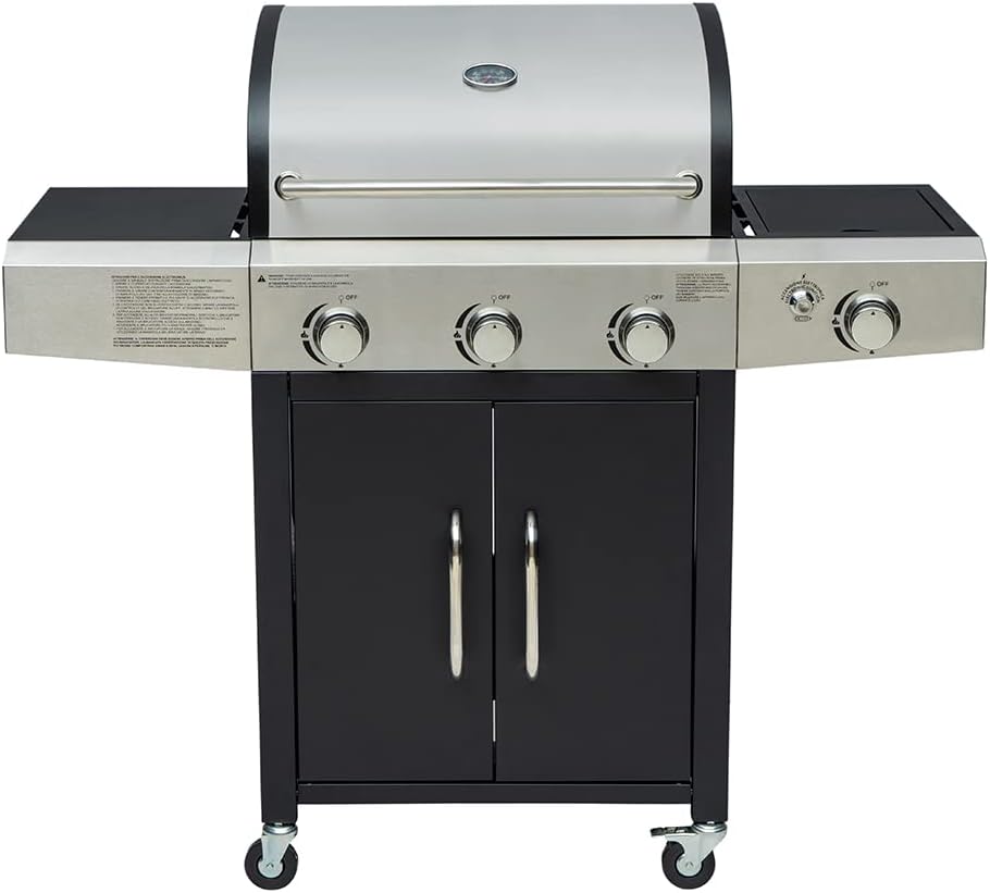 Barbecue a Gas Professionale XXL Con 4 Fuochi Multifunzione Da 13 KW, Completo Di Bruciatore Laterale, Coperchio, Termometro, Griglia In Ghisa, Ruote E Struttura In Acciaio Inox