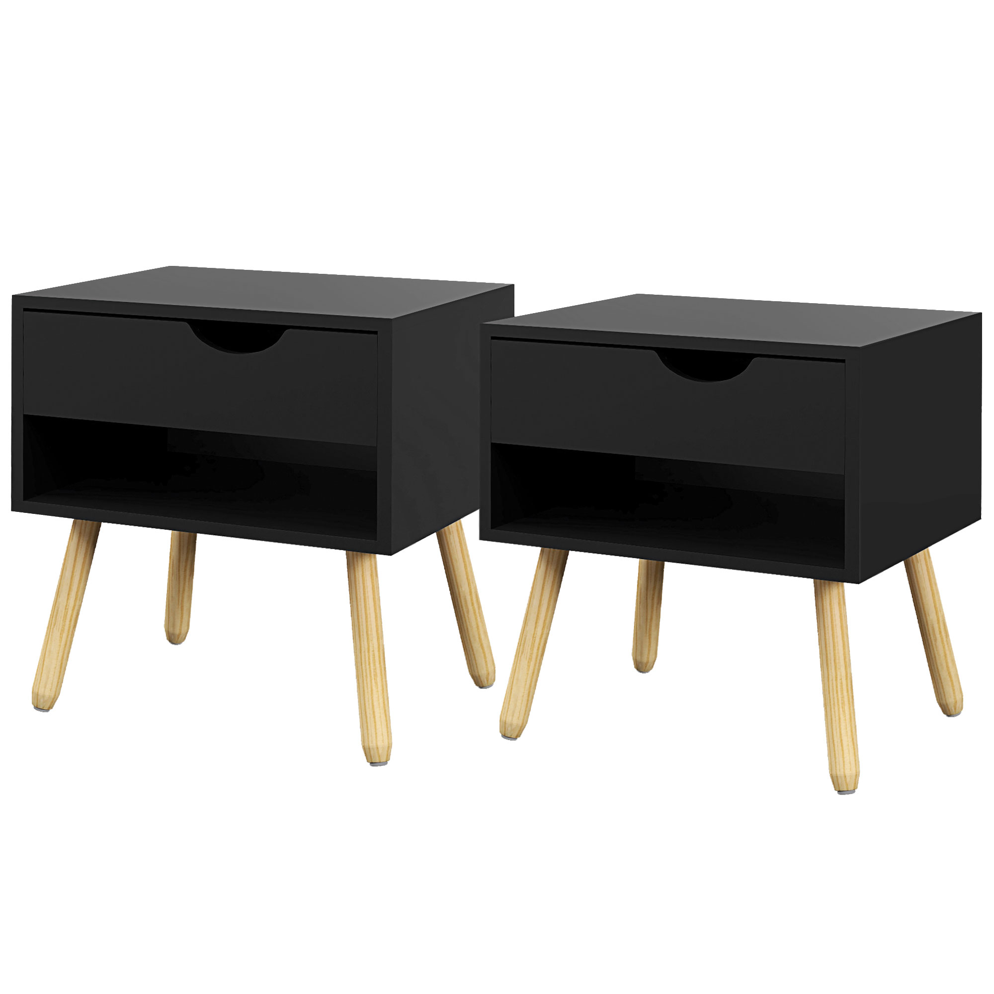 HOMCOM Set mit 2 Nachttischen Nachttische mit Schubladen Massivholzbeine modern 50 x 39 x 51 cm Schwarz und Naturholz