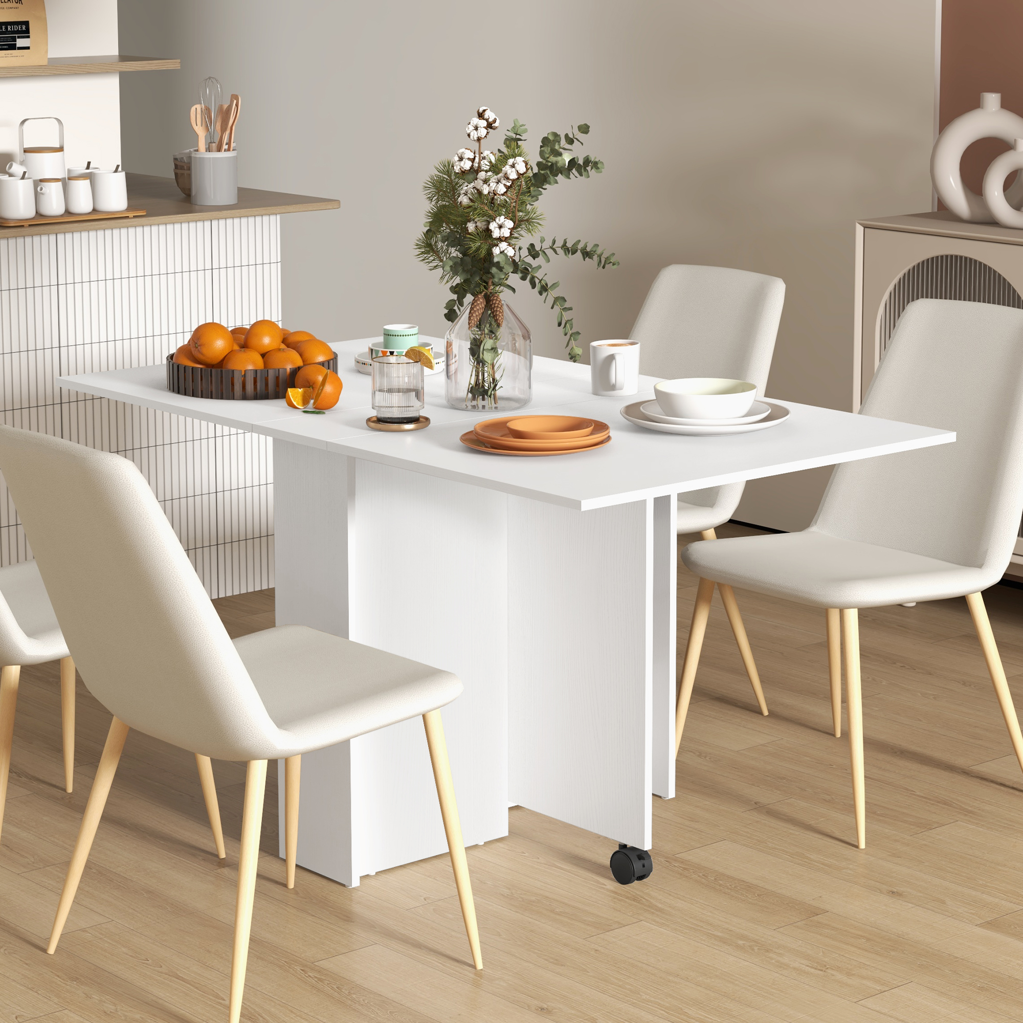 HOMCOM Klappbarer Platzspartisch mit 2 Klappen für 6 Personen mit Regalen und Rollen, Weiß