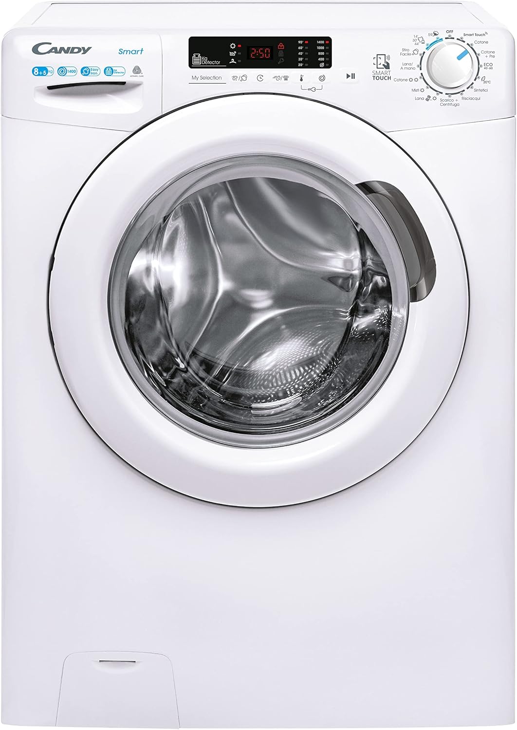 Candy Smart CSWS4852DW3/1-11, Lavasciuga a carica frontale, 8+5 KG, Classe D, 1400 giri, 79 dB, Partenza Ritardata, 16 programmi, Bianco, AxLxP 85x60x53 cm