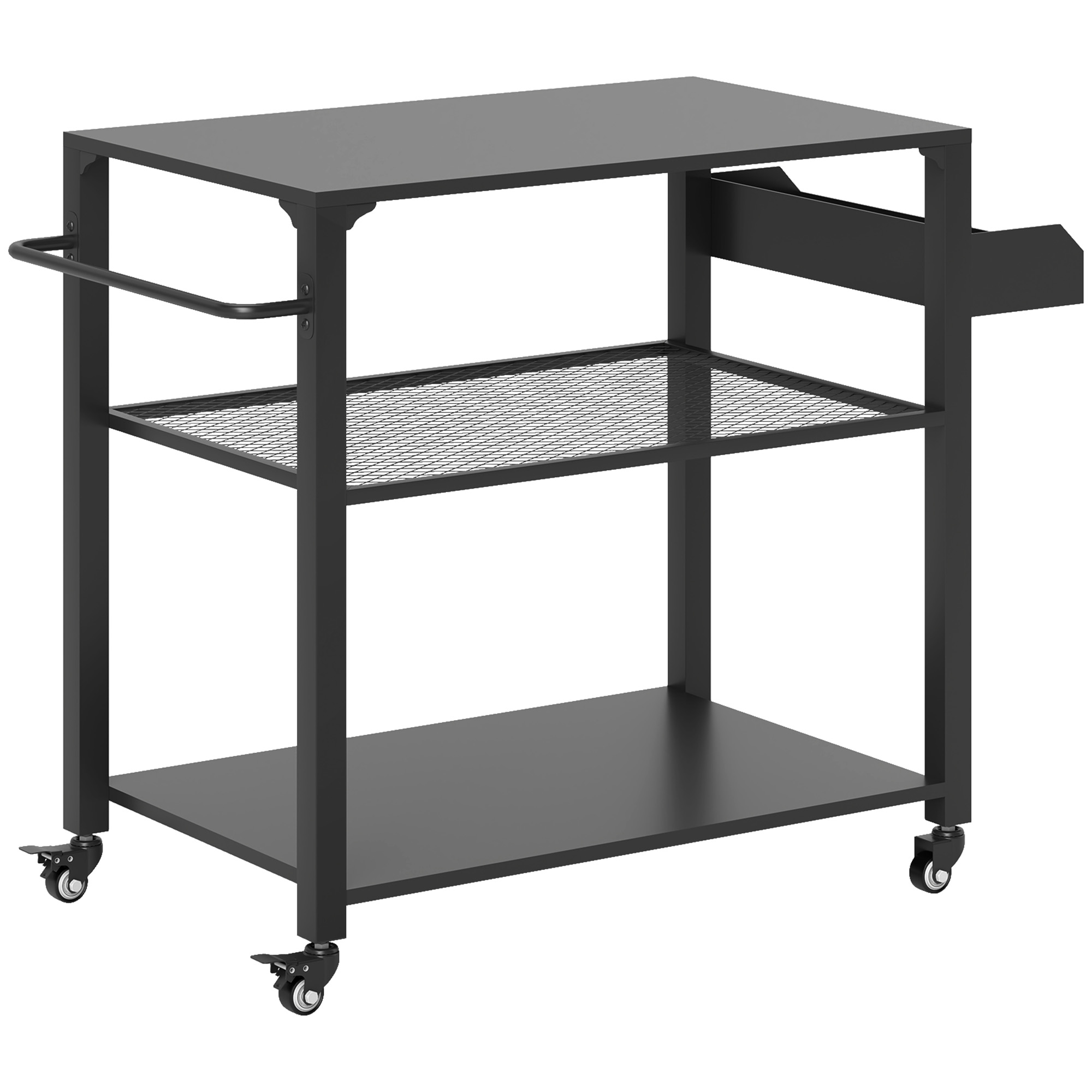Outsunny Outdoor-Kücheninsel, Grillwagen mit Aufbewahrungsregal, Griff, 4 Rollen, Küchenwagen, Terrasse, Garten, Metall, Schwarz