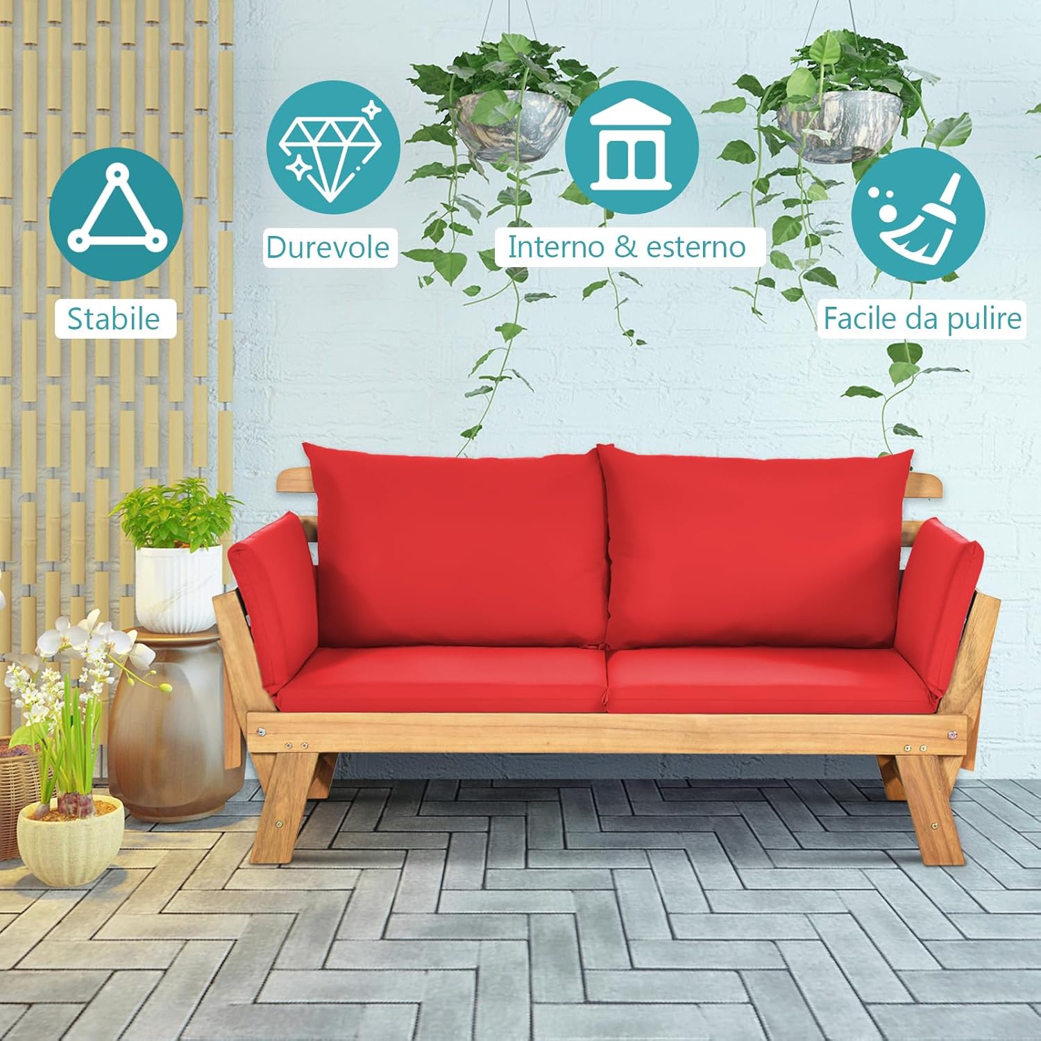 GYMAX 2 in 1 Outdoor Sofa 2 Seater Garden Sofa Bed with Cushion, Folding Wooden Garden Lounger with Adjustable Armrests, Garden Sofa Set, 157-198 x 75 x 75 cm (Red)