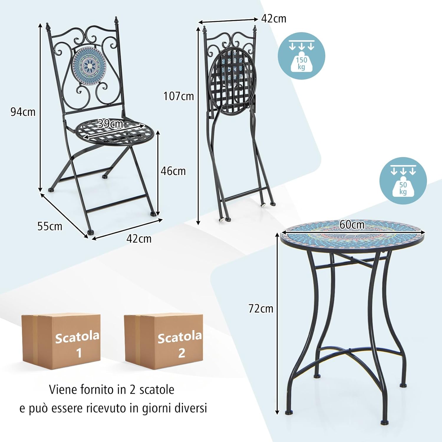 GYMAX Garden Table and Chairs Set, Round Side Table and 2 Folding Chairs with Backrest, Metal Frame, Modern Mosaic Look for Balcony, Patio (Style 2)
