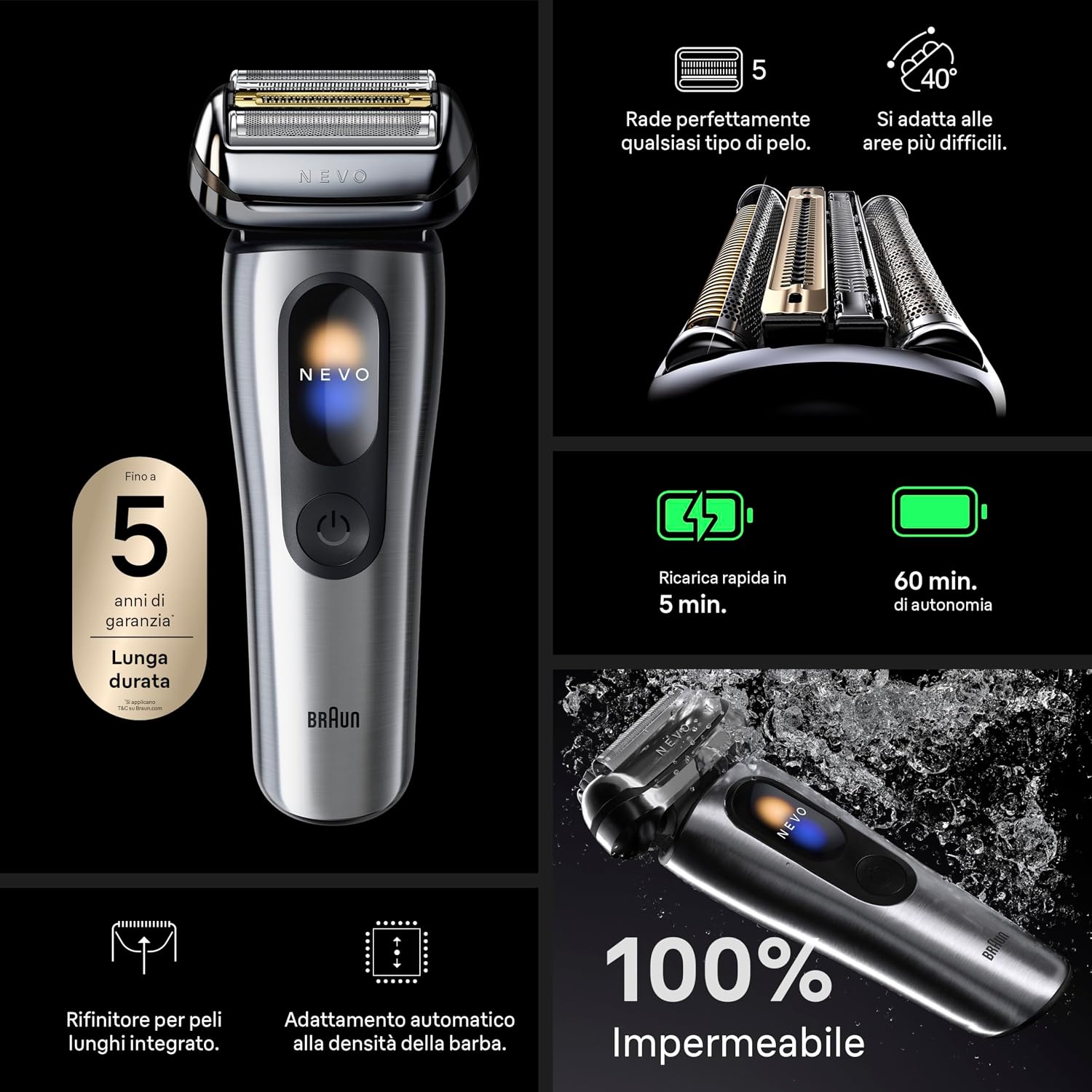 Braun NEVO Rasoio Elettrico Barba, Custodia Da Viaggio, NEVO11005C, Argento