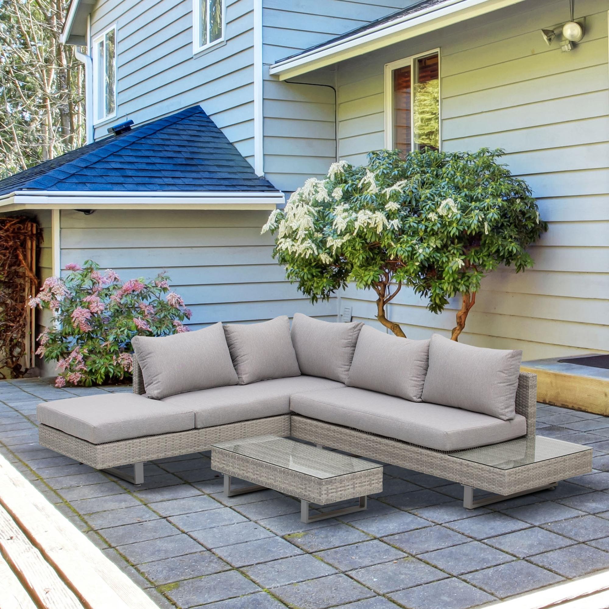 Outsunny Polyrattan-Lounge-Set für 4 Personen Couchtisch Beistelltisch Wetterbeständig Grau + Braun