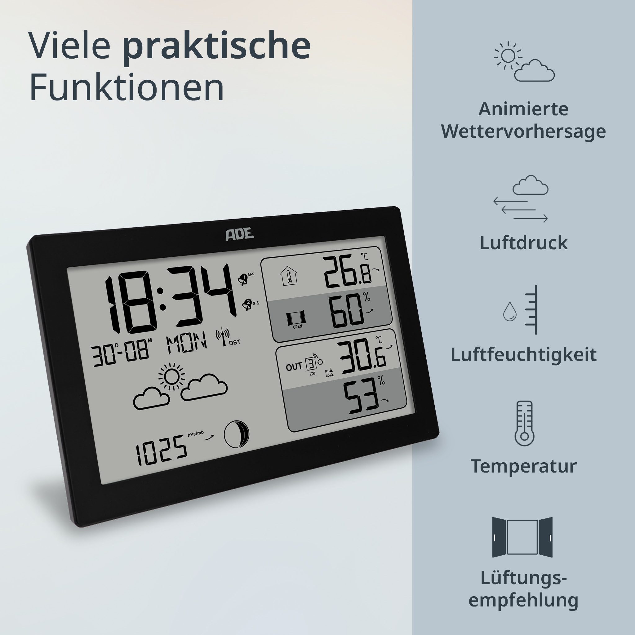 Funkwetterstation mit Außensensor, Wettervorhersage und Lüftungsempfehlung