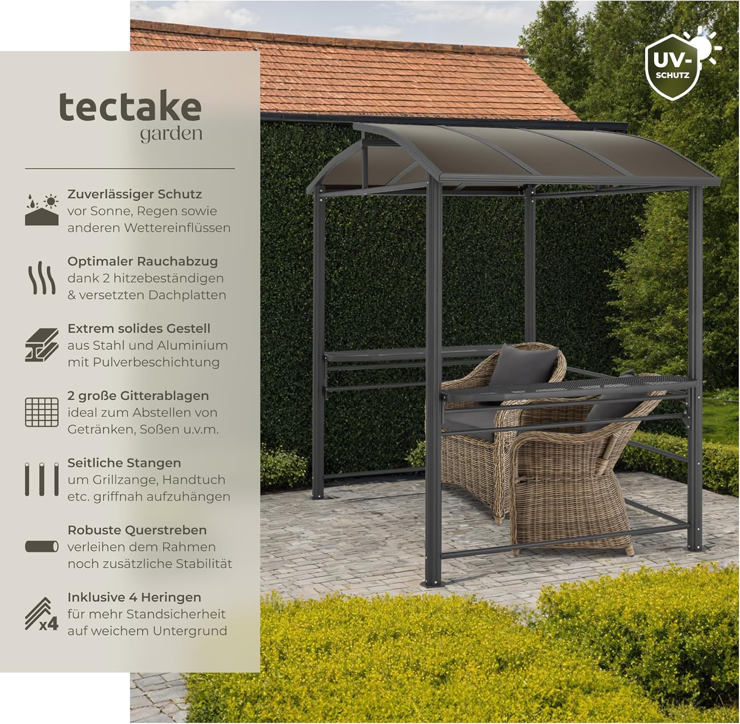 tectake® Outdoor Grillpavillon, Überdachung für Grill, Metall Pavillon für Outdoorküche auf Balkon, Garten oder Terrasse, Sichtschutz, Terrassenüberdachung, Gartenpavillon 240 x 150 x 234 - grau