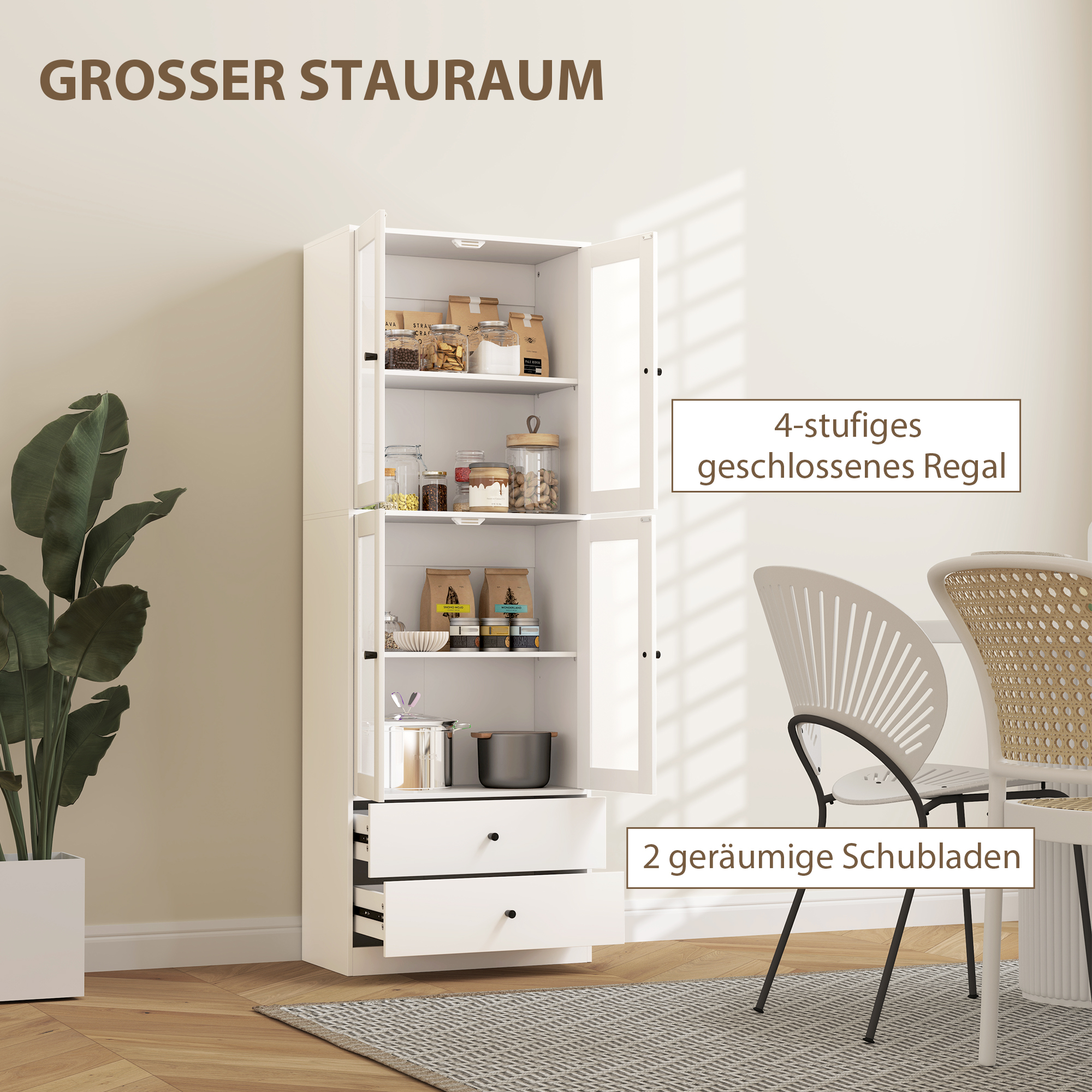 Keukenkast met Lades en Glazen Deuren, Melamine Oppervlak, Wit