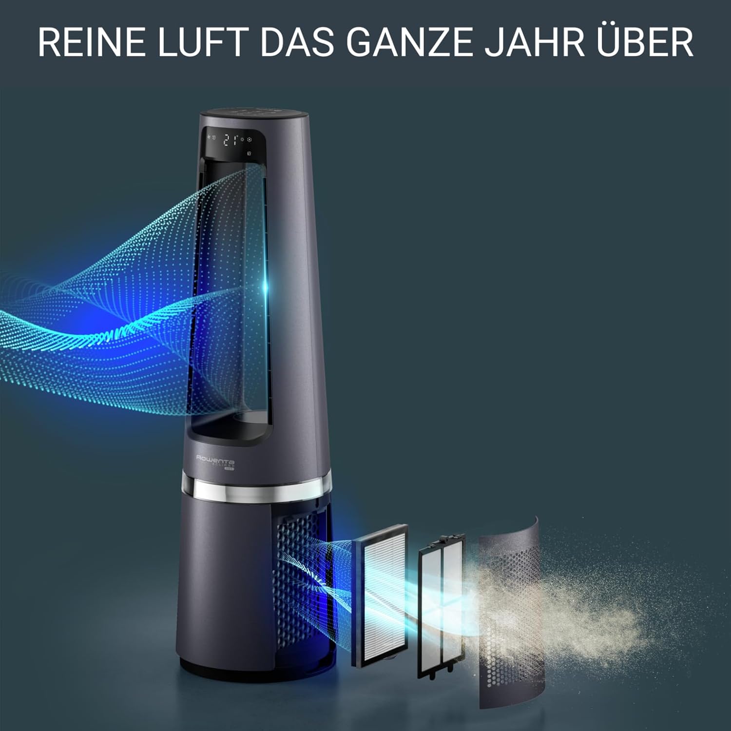 Rowenta QU5062 Eclipse 3in1 Luftreiniger, Heizlüfter, Ventilator, filtert 99,9% der Partikel, für 30 m2 Raumgröße, schnelle Heizung bis zu 35°C, automatischer Tag- und Nachtmodus, Schwarz/Grau
