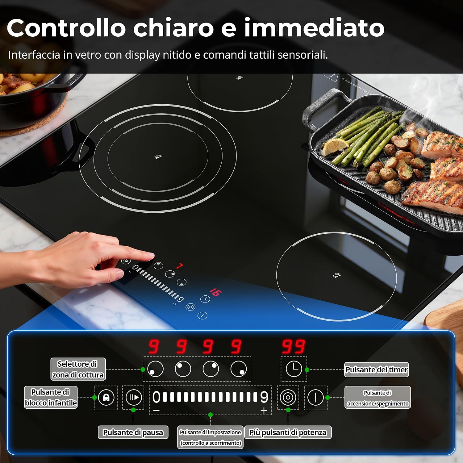 SNDOAS Piano Cottura Vetroceramica 4 Fuochi, 6700W, Zona Ovale & a 3 Anelli