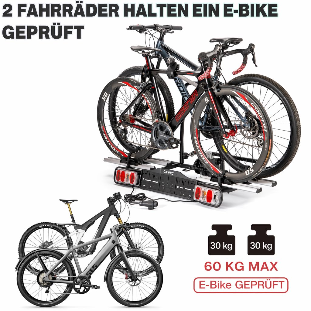 Fahrradträger für Anhängerkupplung für 2 Fahrräder und E-Bikes bis 60 kg, abschließbar mit Rücklicht und Kennzeichenhalter