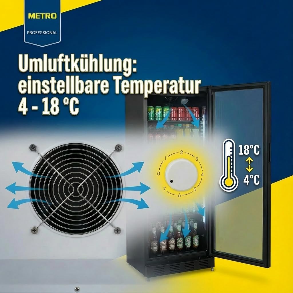 METRO Professional Getränkekühlschrank GSC4280B, Metall/Glas, 280 L, belüftete Kühlung, 210 W, mit Schloss, Schwarz