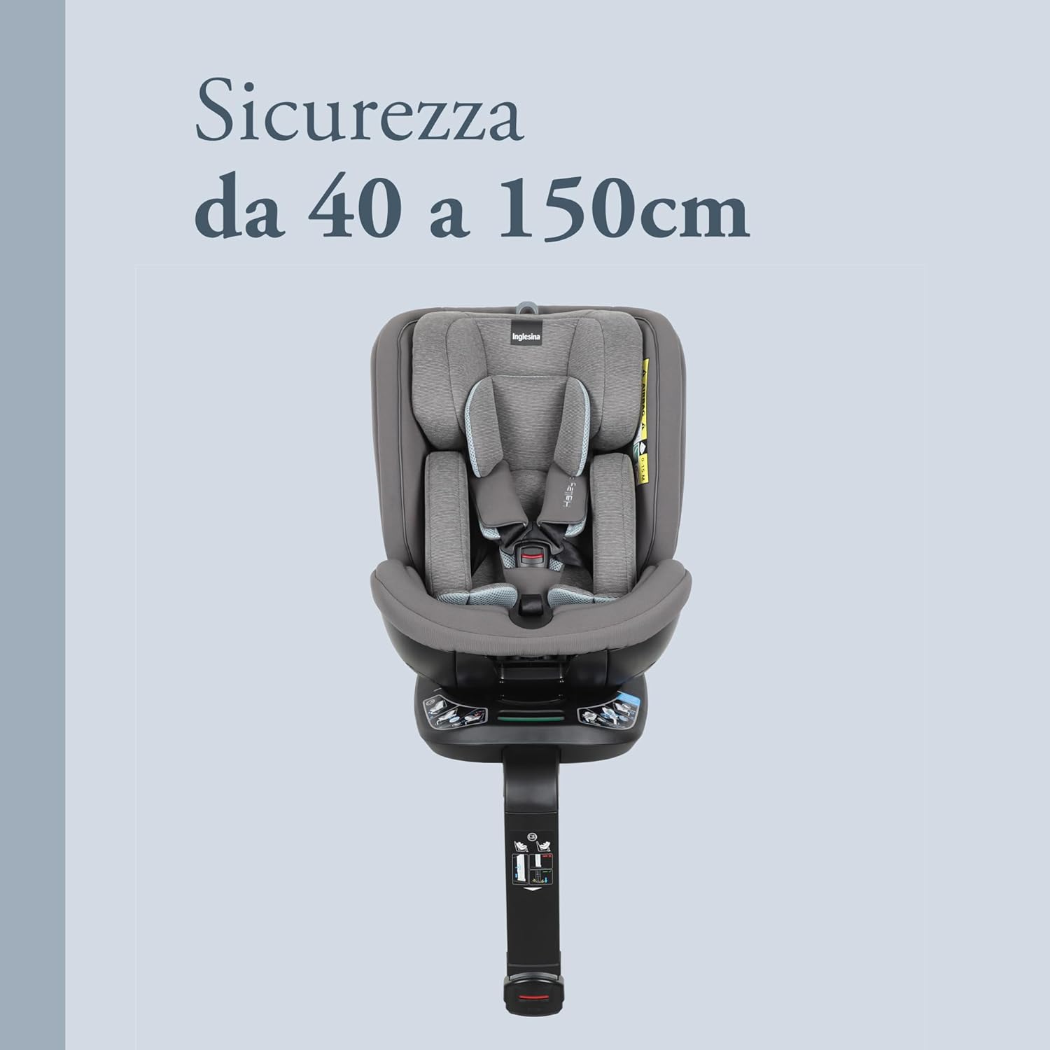 Inglesina Halley Pro, Grey, Seggiolino Auto Rotante 360° ISOFIX, da 0 a 12 Anni (40-150 cm), Reclinabile e Traspirante, Omologato ECE R129/03
