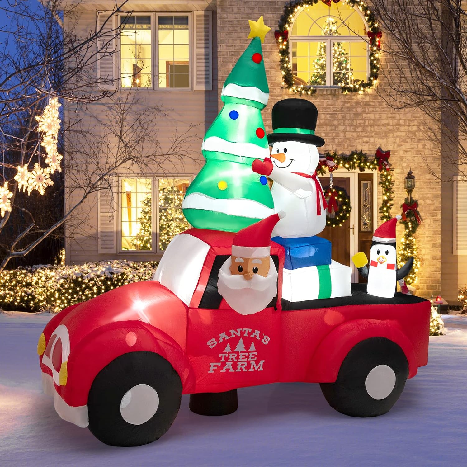 Tangkula 8FT Inflatable Santa in Car with LED, Snowman & Penguin, Outdoor Christmas Yard Decoration