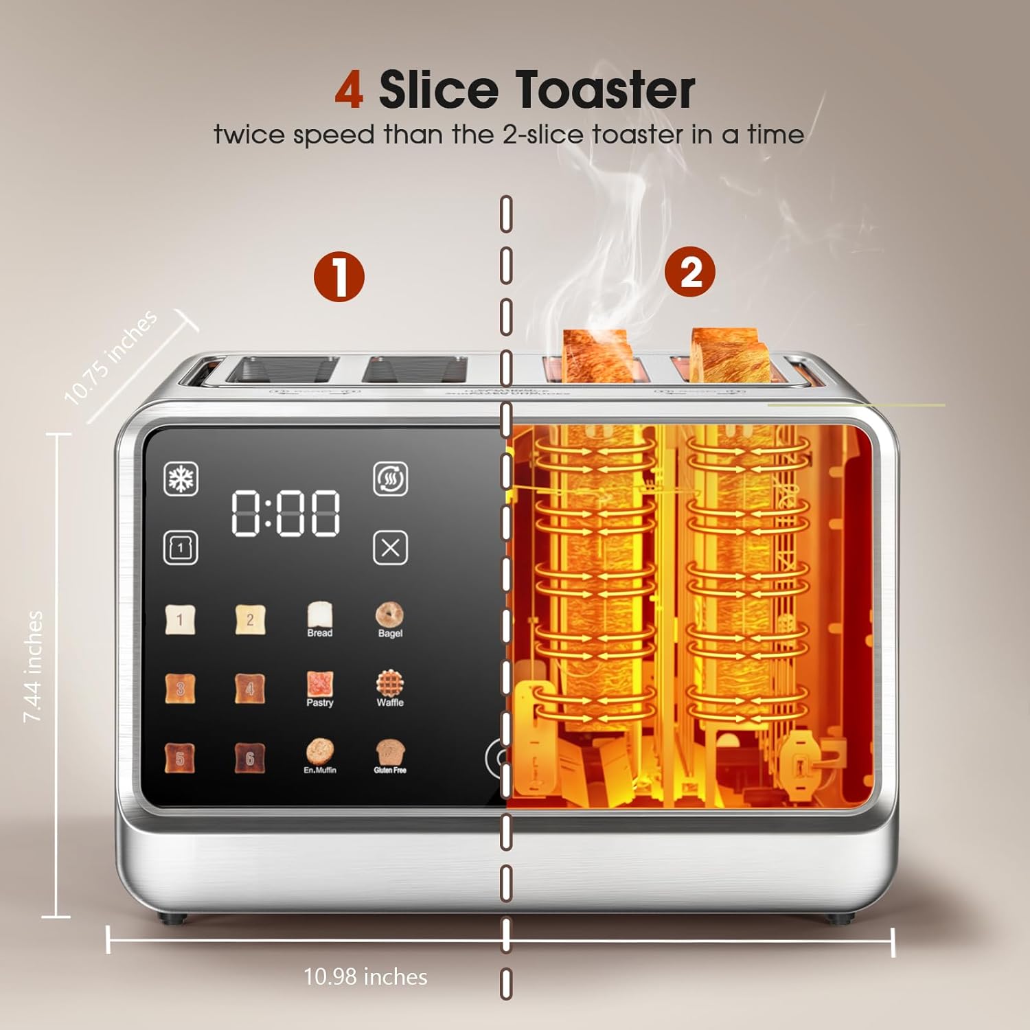 Toaster 4 Slice, Digital Smart Dual Control Touchscreen, Stainless Steel, TAC1001-UL