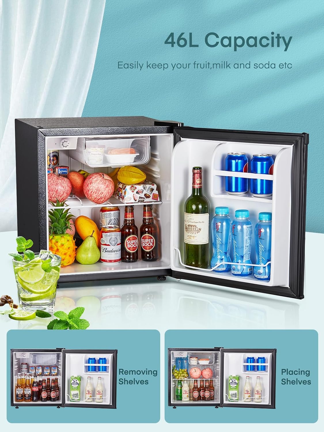 FOHERE Frigorifero Piccolo 46Litri, Mini Frigo Tavolo Monoporta, Termostato Regolabile, Silenzioso, Porta Reversibile, Adatto a casa, Appartamenti, ufficio e hotel, Acciaio Inox