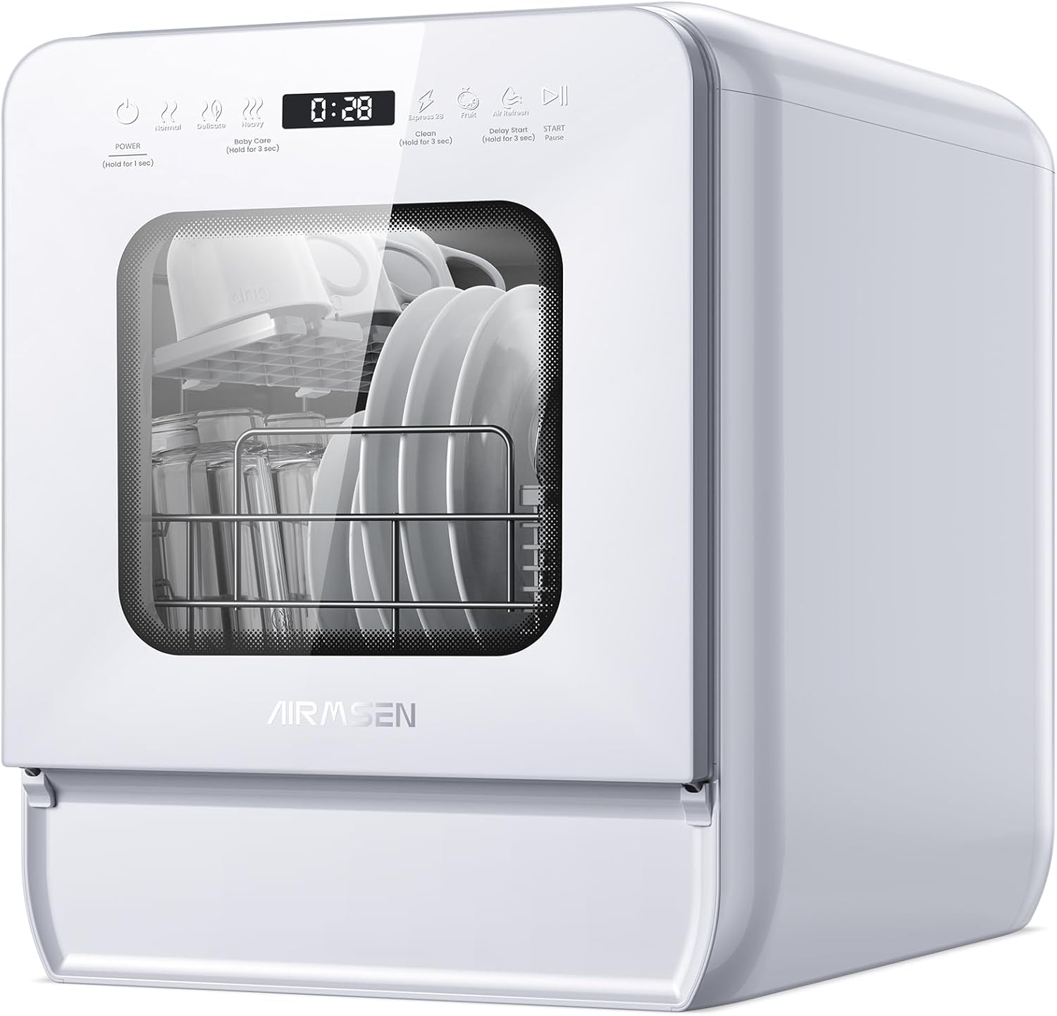 AIRMSEN Lavastoviglie Portatile, 7+2 Programmi, Serbatoio 5L, 4 Coperti, Design Ultra-Stretto 37x50cm, Avvio Ritardato 1-24H Doppio Getto 360°, Con/Senza Tubo Per Cucina, Appartamento,Bianco (Bianco)