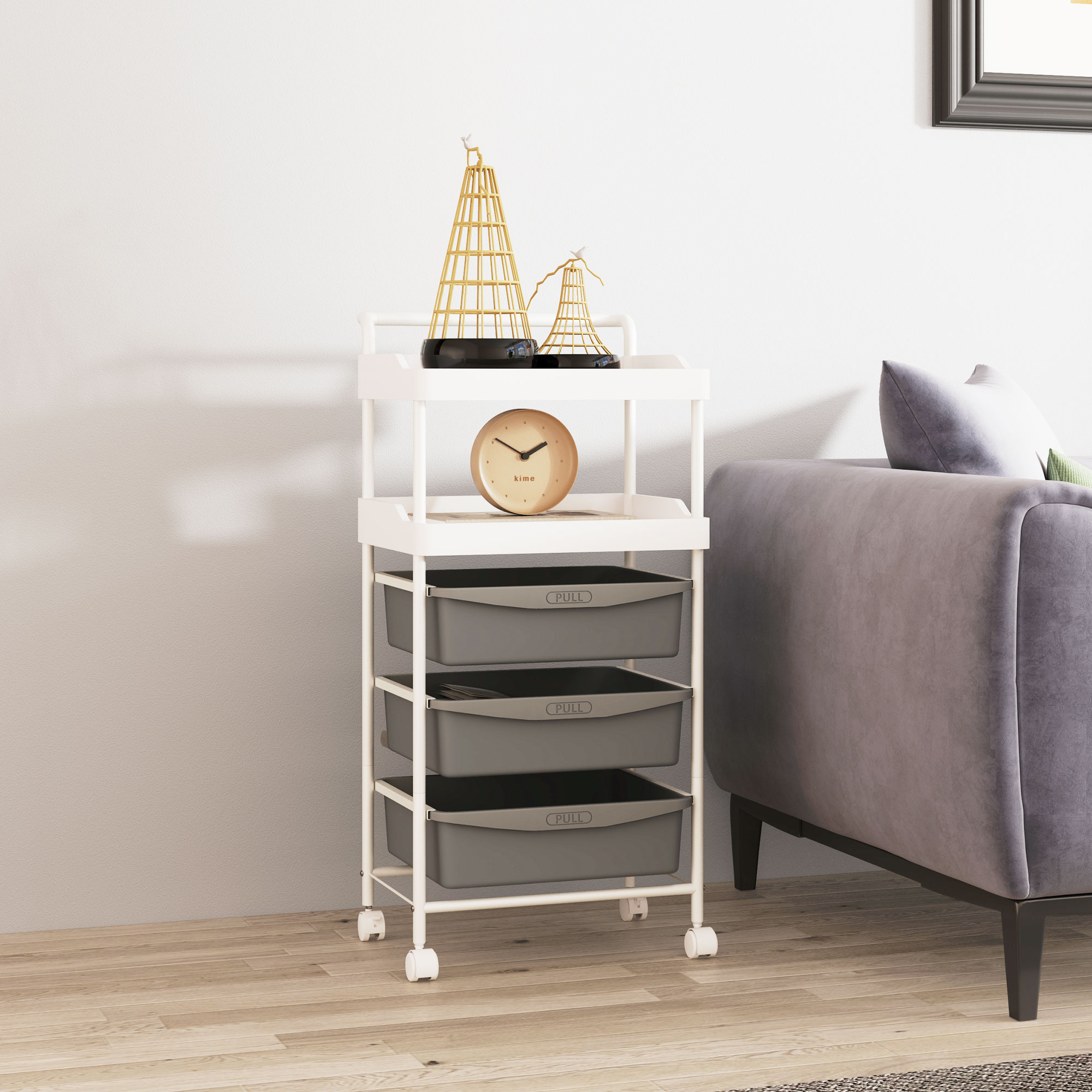 HOMCOM Rollwagen mit 2 festen Tabletts und 3 ausziehbaren Tabletts, aus Stahl und PP, 40x34x85 cm, Weiß und Grau