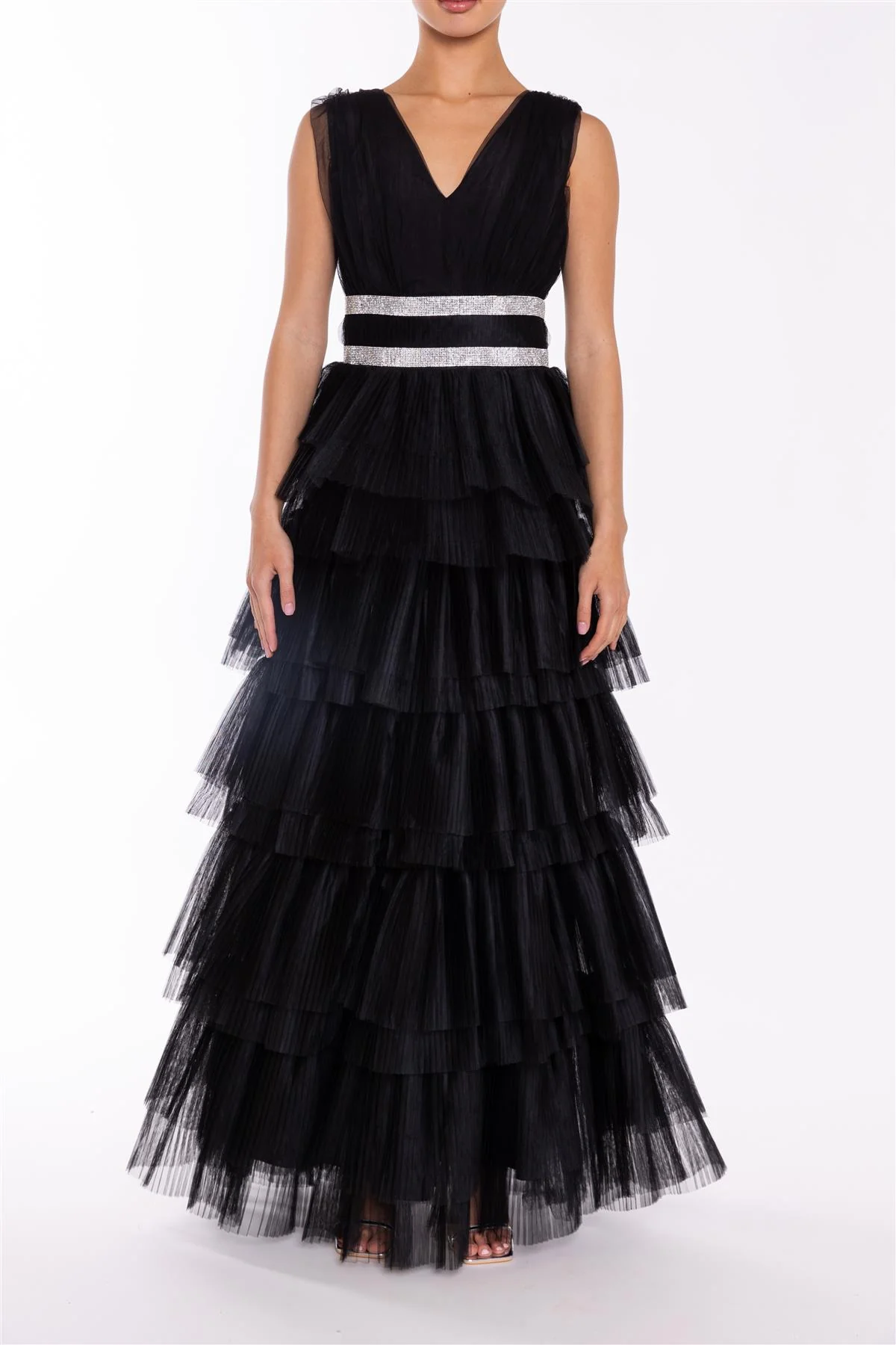 Elizabeth Black Diamante Belted Tulle Maxi Dress