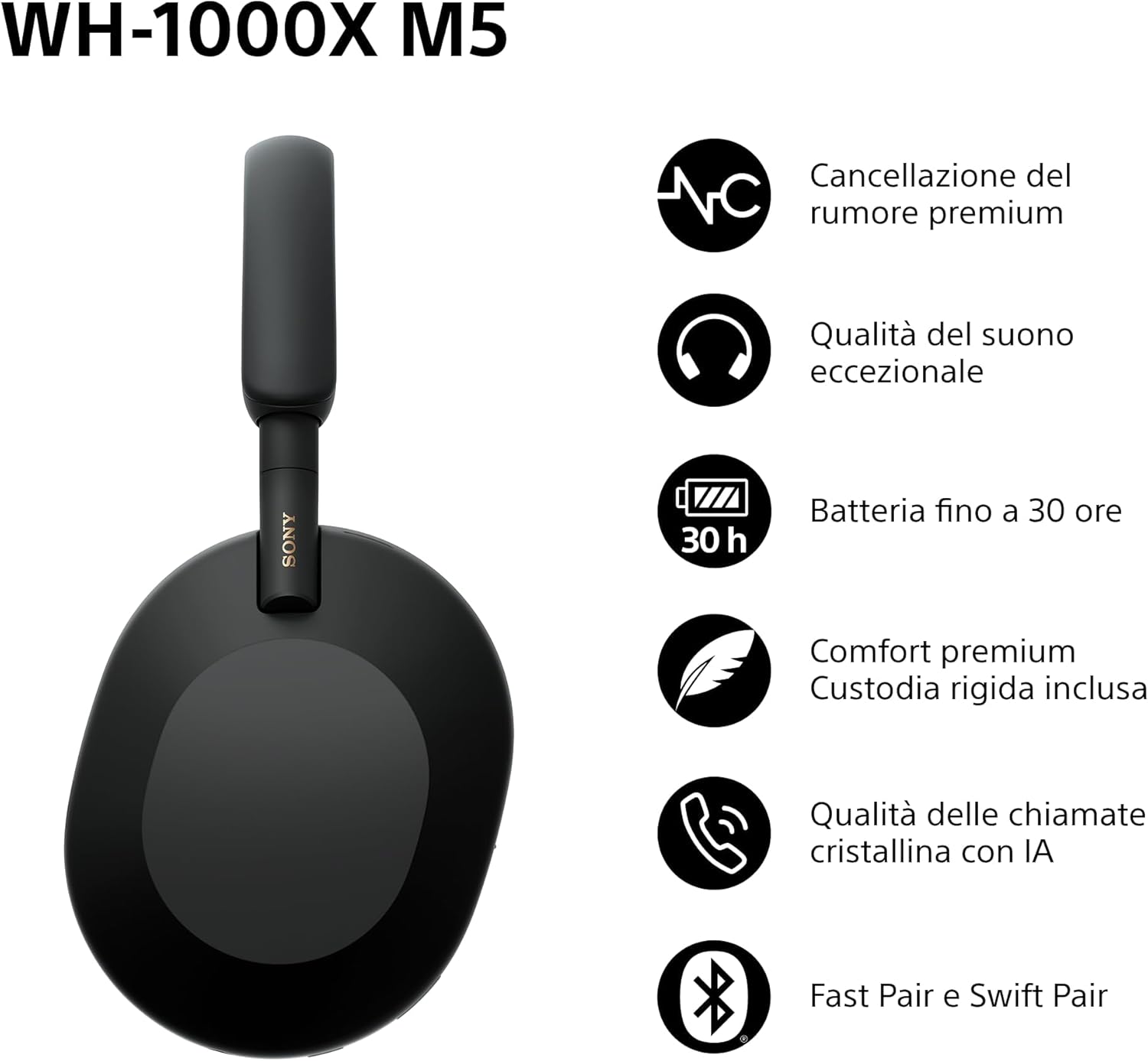 WH-1000XM5 Custodia Rigida | Cuffie Wireless Premium con Cancellazione del Rumore, Bluetooth, Chiamate Chiare,Hi-Res Audio, Fino a 30 Ore di Autonomia, Compatibili con iOS e Android – Black