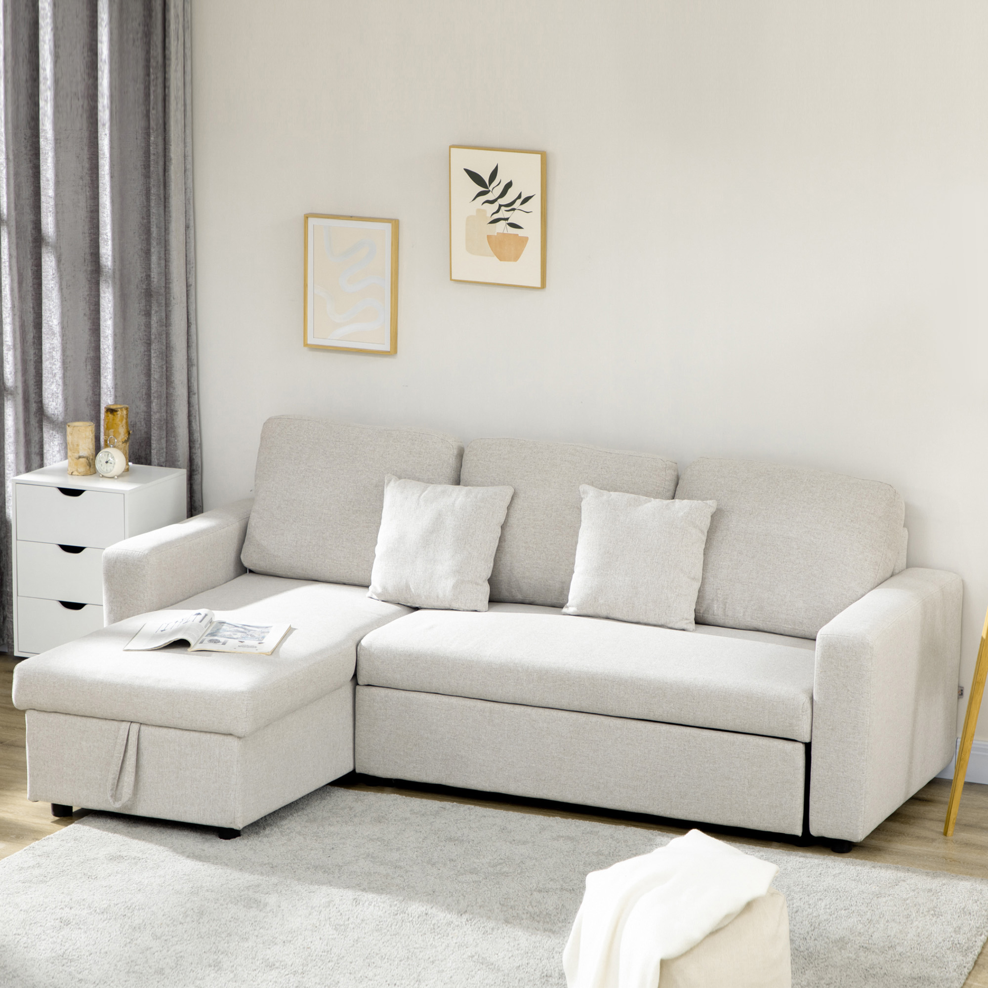 Slaapbank Hoekbank met Bedfunctie, inclusief 2-Zits Sofa, Eenpersoonsbed, L-vorm met Opbergruimte, 2 Kussens Crmewit