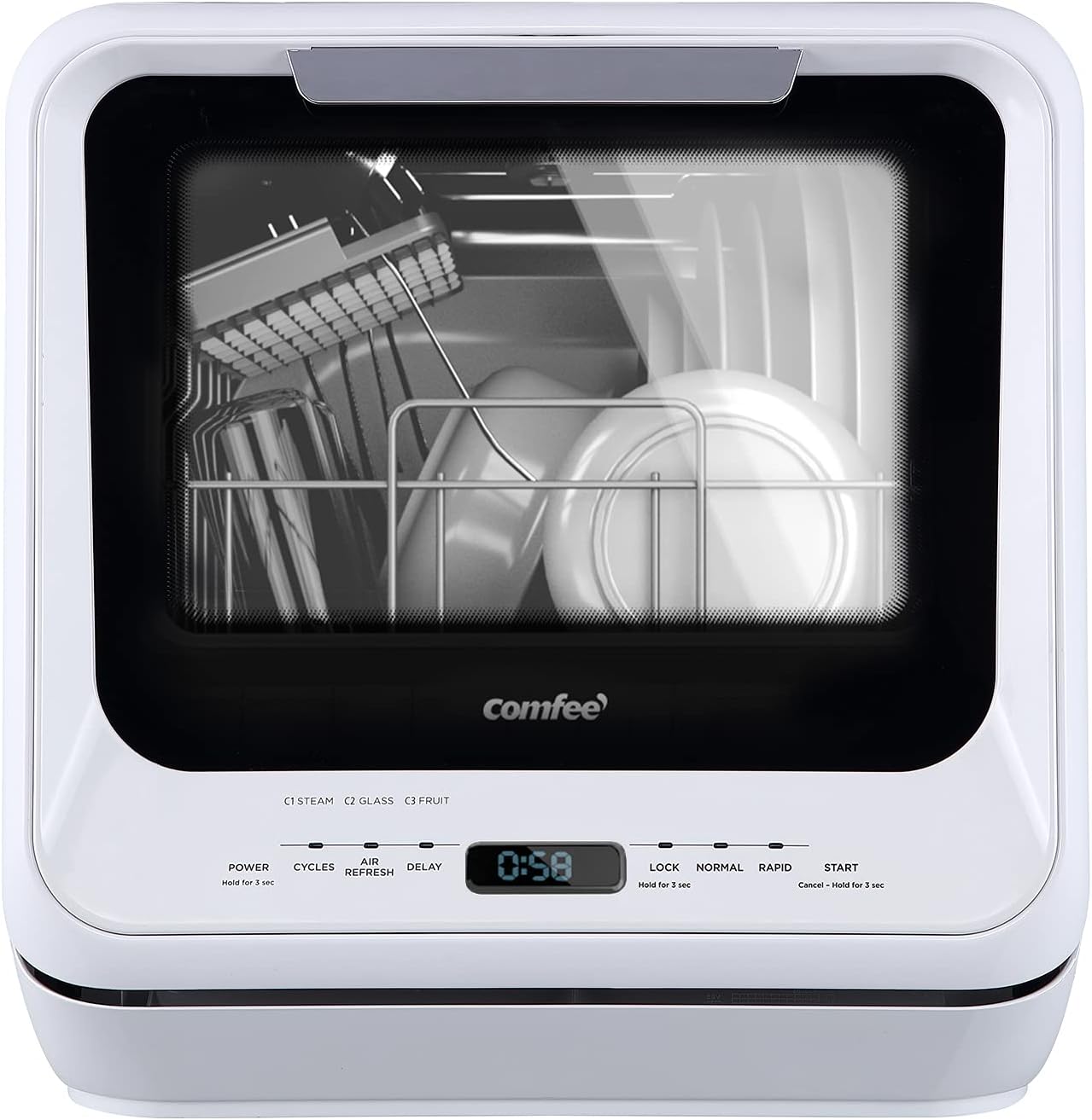 Lavastoviglie portatile da banco COMFEE con serbatoio dell'acqua integrato da 5 litri, nessun collegamento necessario, 6 programmi, doppio spruzzo a 360°, funzione di asciugatura ad aria e alta temperatura a 192°F, mini lavastoviglie per camper, bian