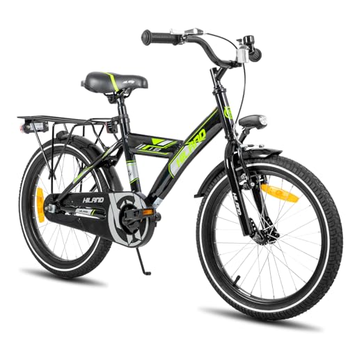 HILAND Bicicletta per bambini da 18 pollici, StVZO, per bambini da 4,5,6 anni, con seggiolino posteriore/portatutto, ruote stabilizzatrici, freno a mano e freno a contropedale, nero : Sport e tempo libero