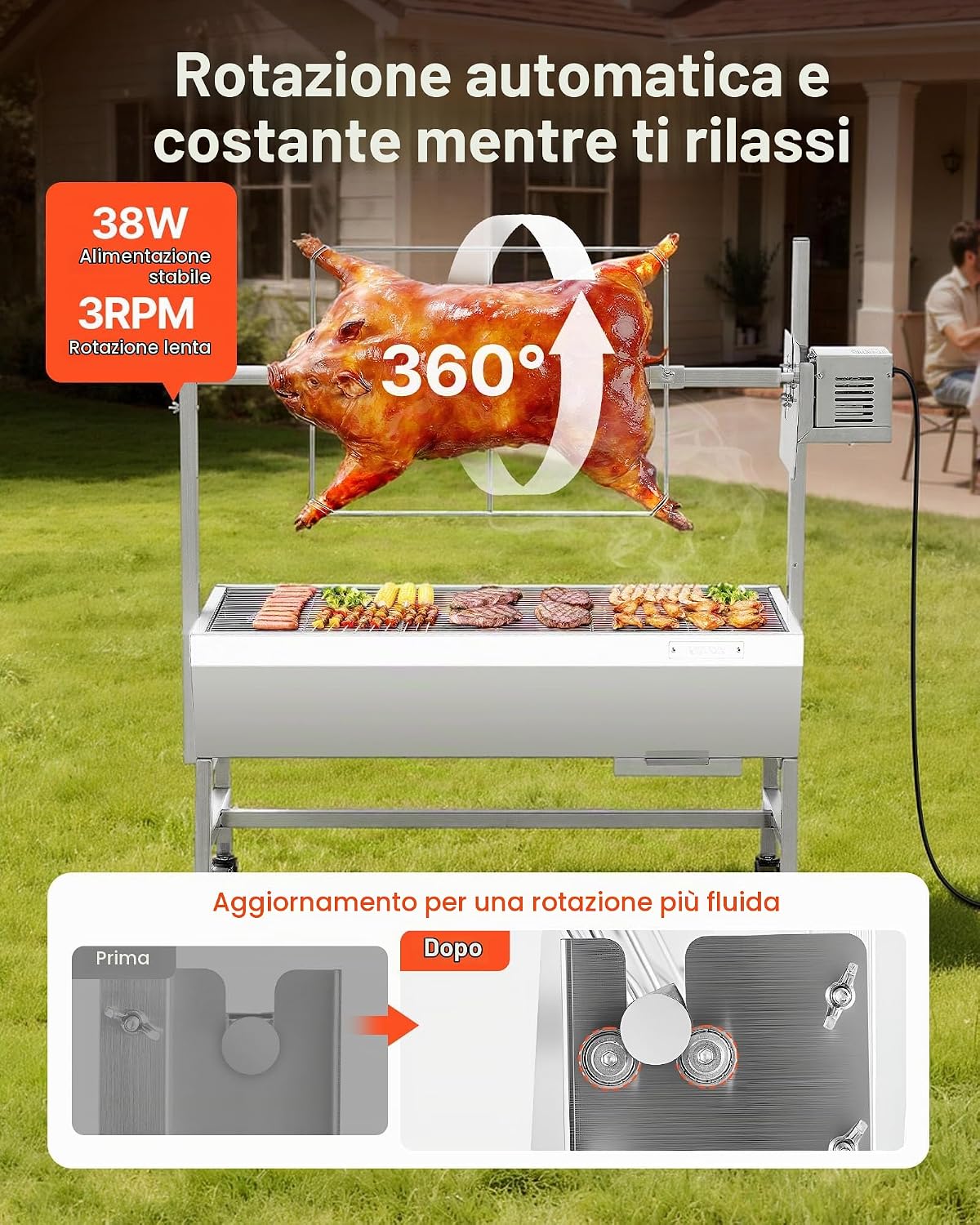 VEVOR Griglia per Arrosto da Barbecue Griglia a Carbone, Lunghezza 94 cm 38 W con Capacità di Carico di 60 kg e Ruote e Regolazione dell'Altezza a 7 Vie, in Acciaio Inossidabile per Campeggio