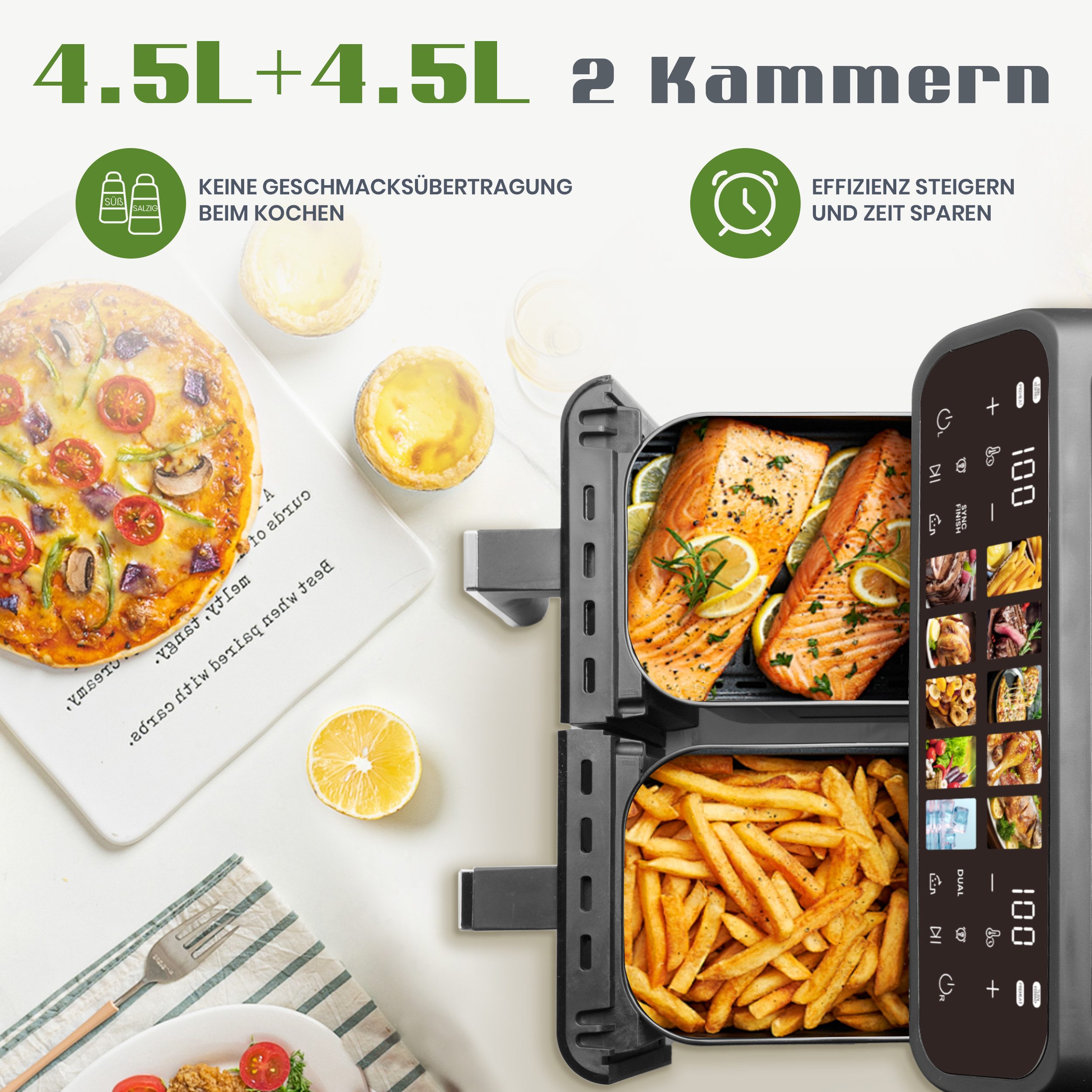 Heißluftfritteuse Doppelkammer 9 L Airfryer mit Sichtfenster & Farbdisplay – XXL