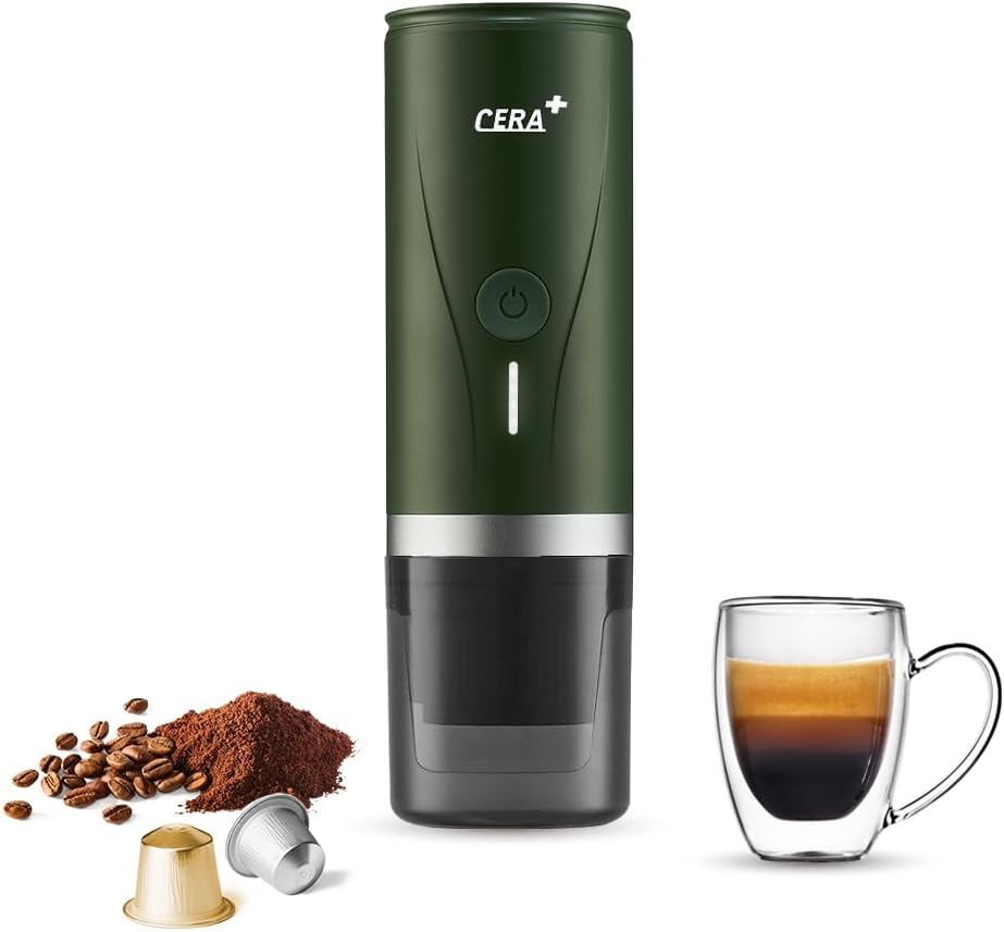 CERA+ Macchina per caffè espresso portatile elettrica con auto-riscaldamento in 3-4 minuti, mini macchina per il caffè da 20 bar con batteria ricaricabile. Compatibile con capsule NS e macinato