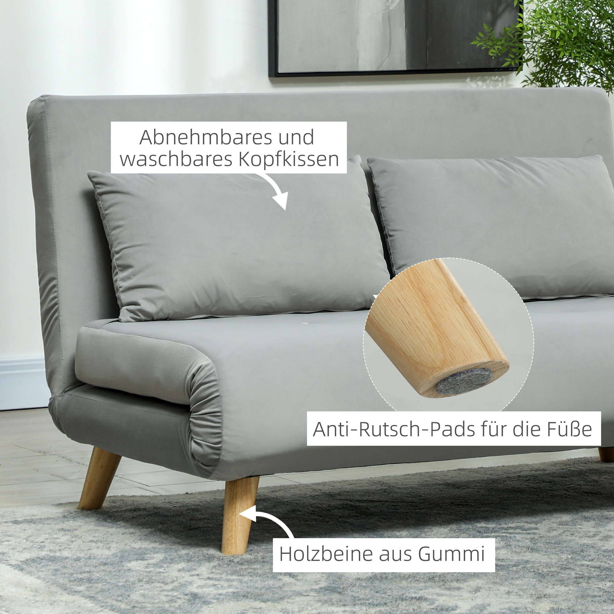 Slaapbank Relaxbank Bank Sofa, incl. 2 Kussens, Fluweel Look, 130 x 78 x 79 cm, Lichtgrijs