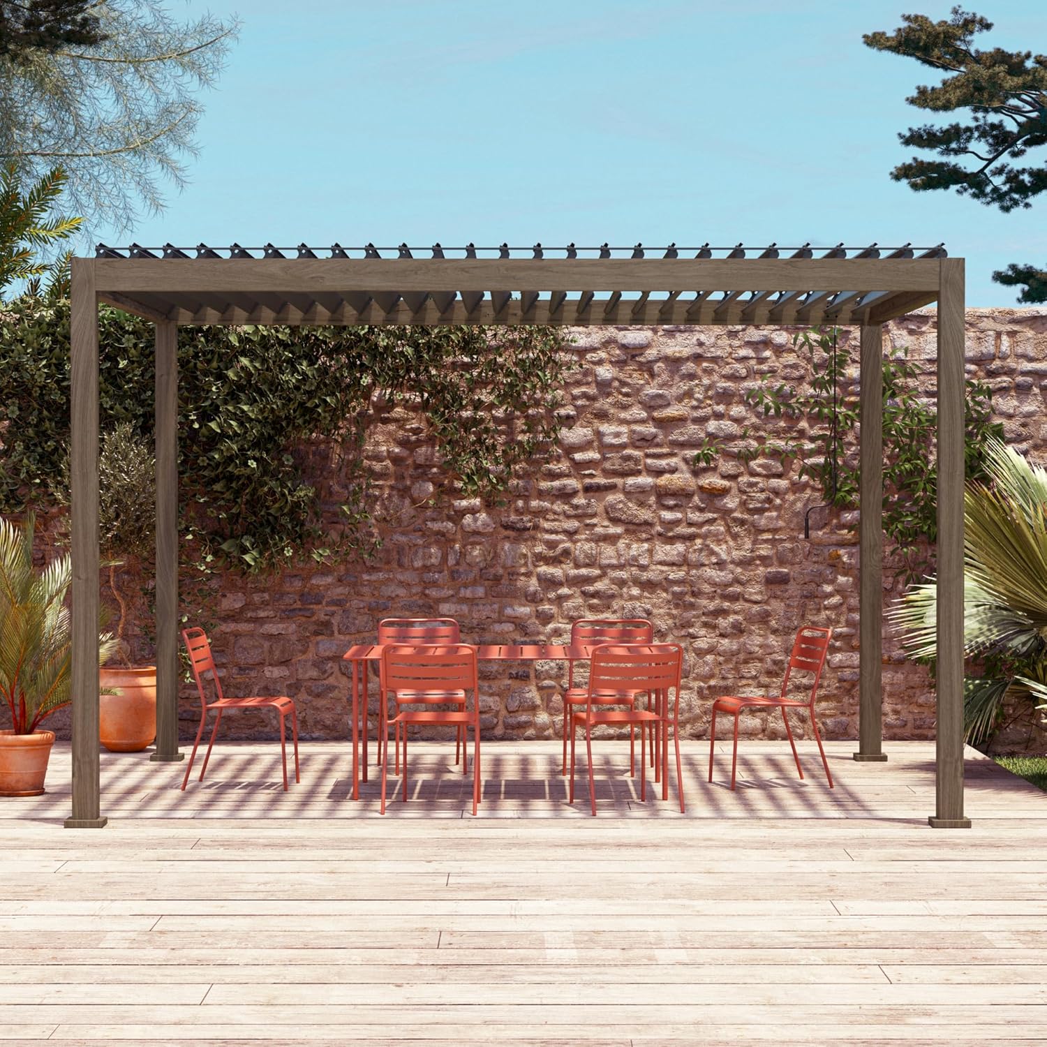 sweeek Pergola bioclimatica 3x4m in Alluminio a lamelle orientabili, Triomphe 3x4m, Marrone Scuro Naturale, 400x300x240 cm