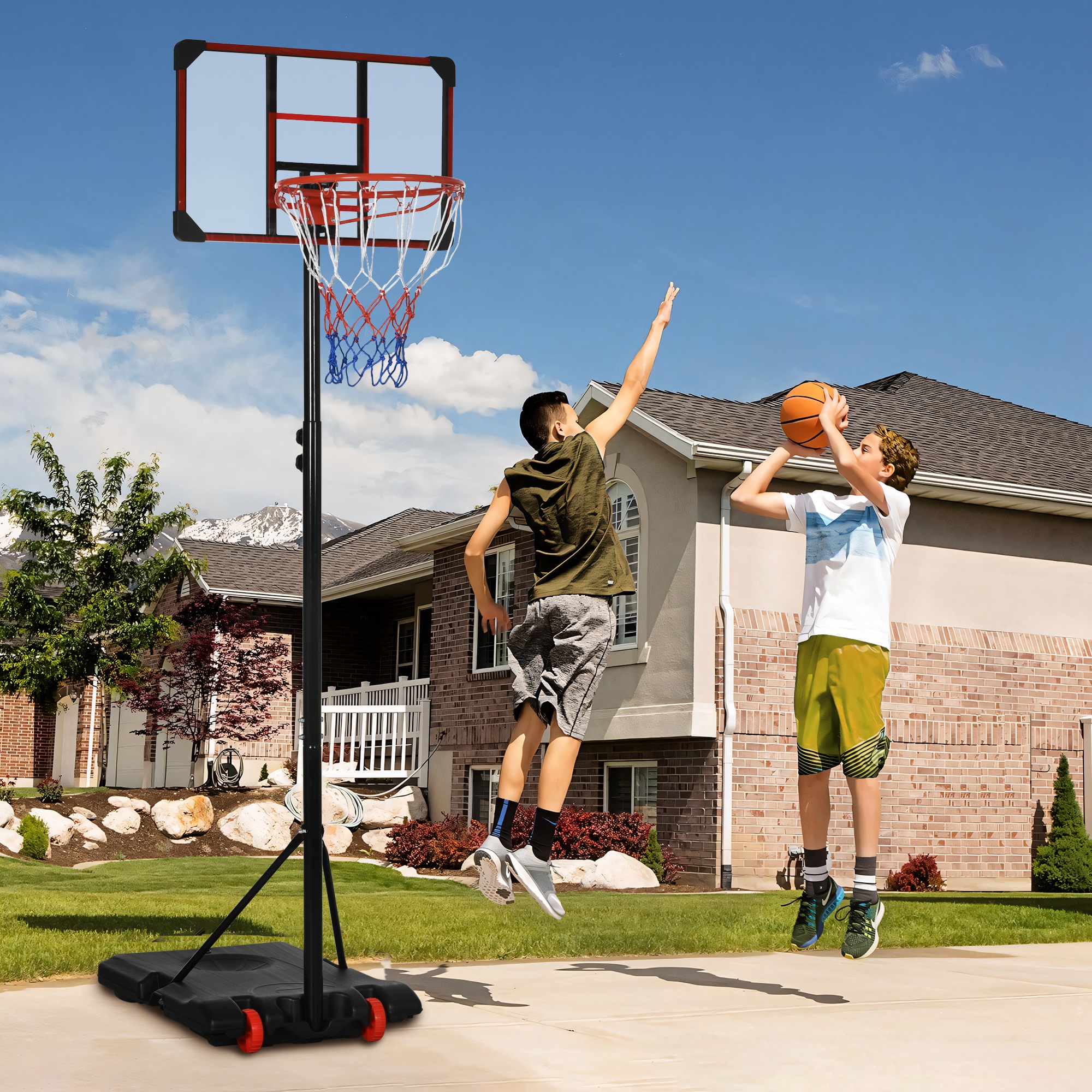 SPORTNOW Outdoor-Basketballkorb, 178-208 cm Verstellbare Korbhöhe, Basketballständer mit Rollen, für Kinder, Jugendliche, Rot