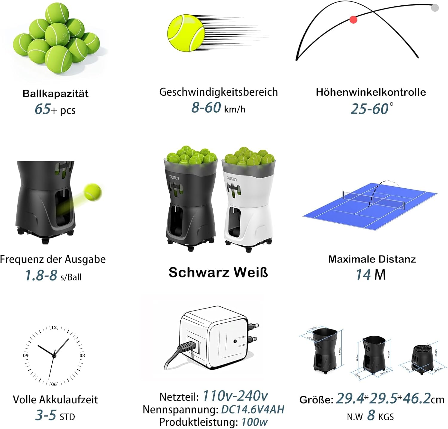 PT-MINIPro Tragbare Tennisballmaschine - Leichte Indoor-Tennismaschine mit APP-Steuerung, 65-Ball-Kapazität & Lehrsystem, Intelligenter Tennistrainer für Schulen (3-5 Stunden Akku)
