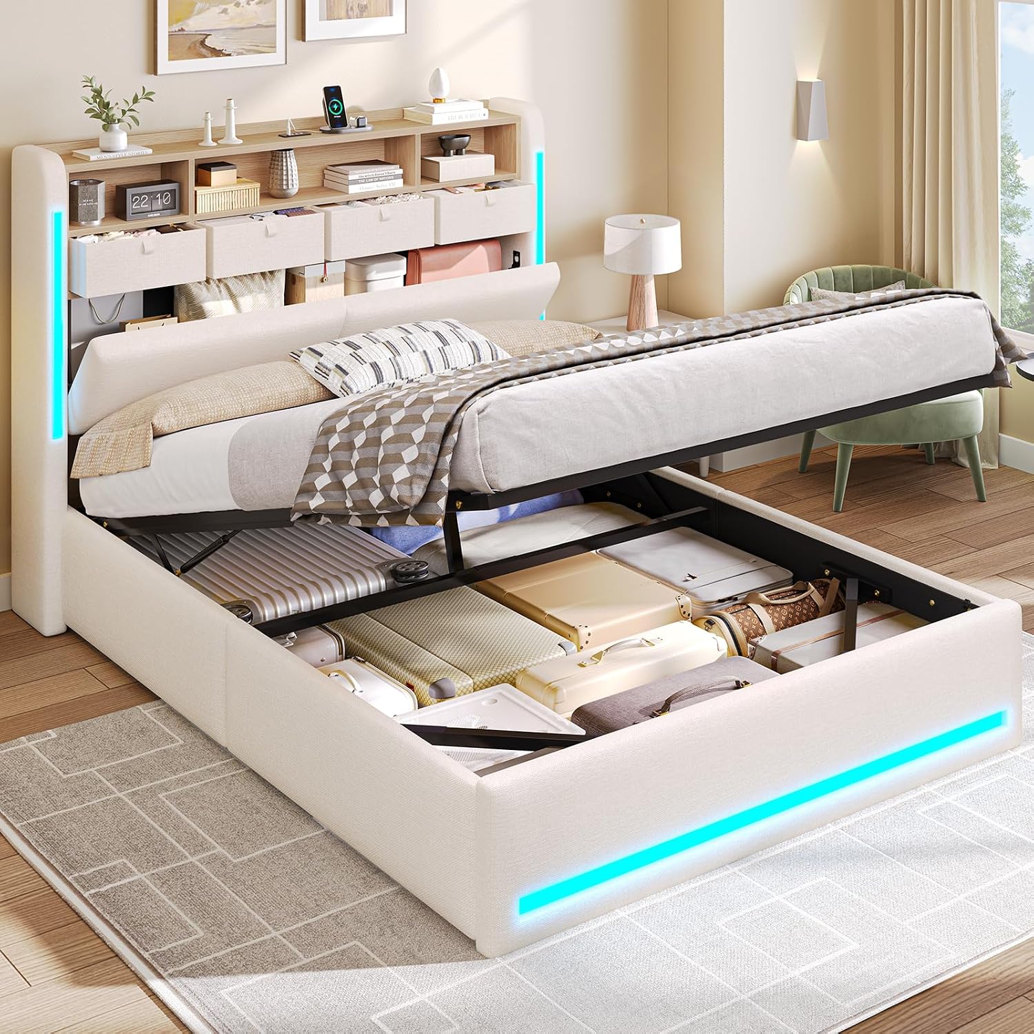 AOGLLATI Bett 140x200 Beige mit LED-Beleuchtung, 4 schubladen & Hydraulik