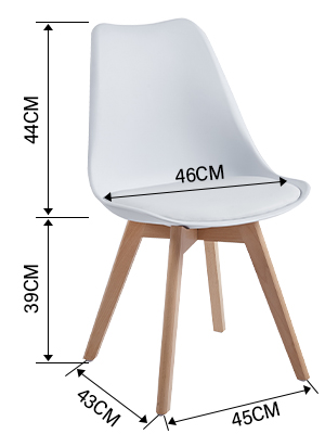 Sedia da pranzo moderna imbottita bianca con gambe in legno, che mostra dimensioni di 46 cm di larghezza, 44 cm di altezza e 38 cm di altezza della seduta con 45 cm
