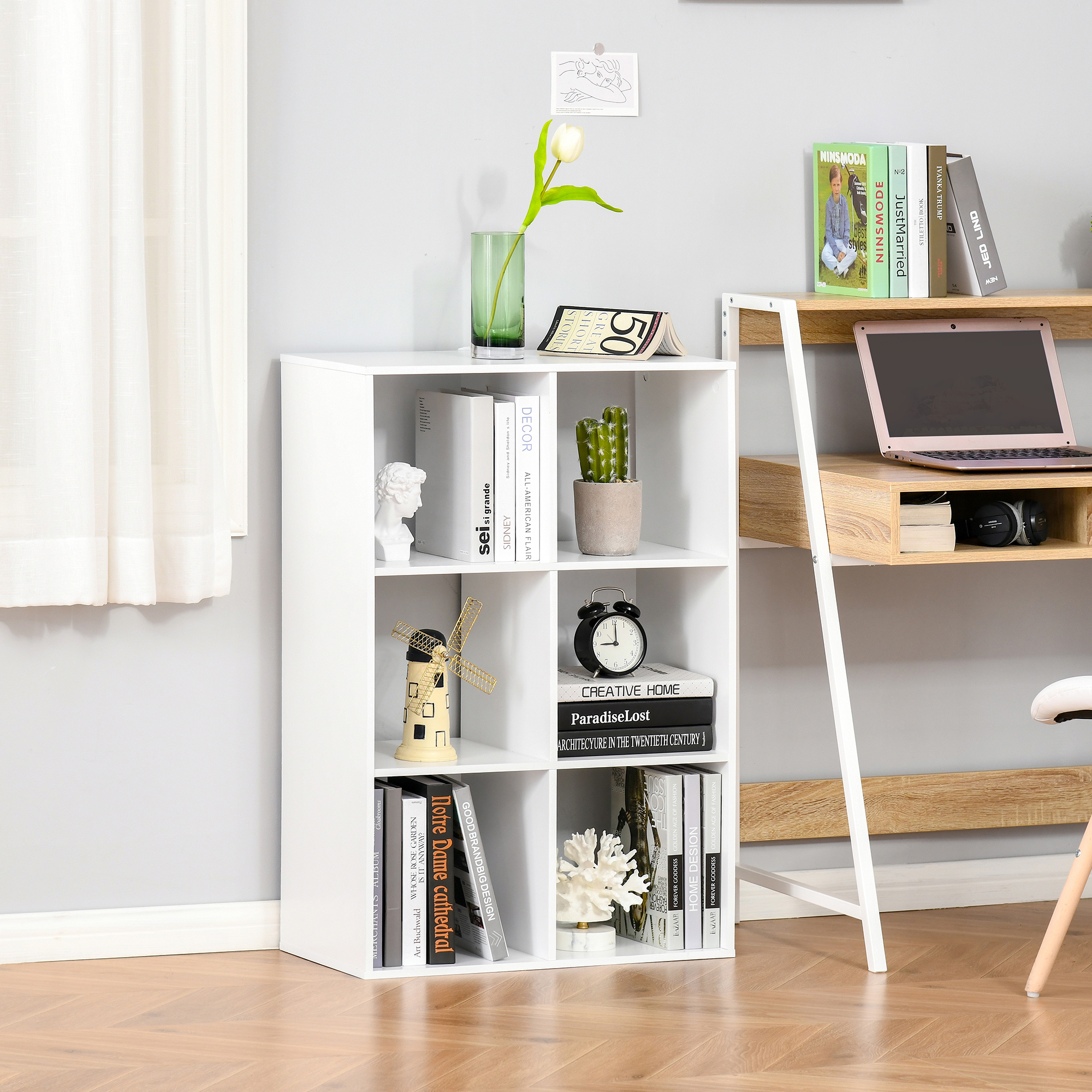 HOMCOM Weißes Bücherregal für Zuhause und Büro, Modernes Bücherregal mit Designregal, 6 Holzfächer, geräumig, Rechteckig, 61,5x29,5x91,5 cm, Weiß