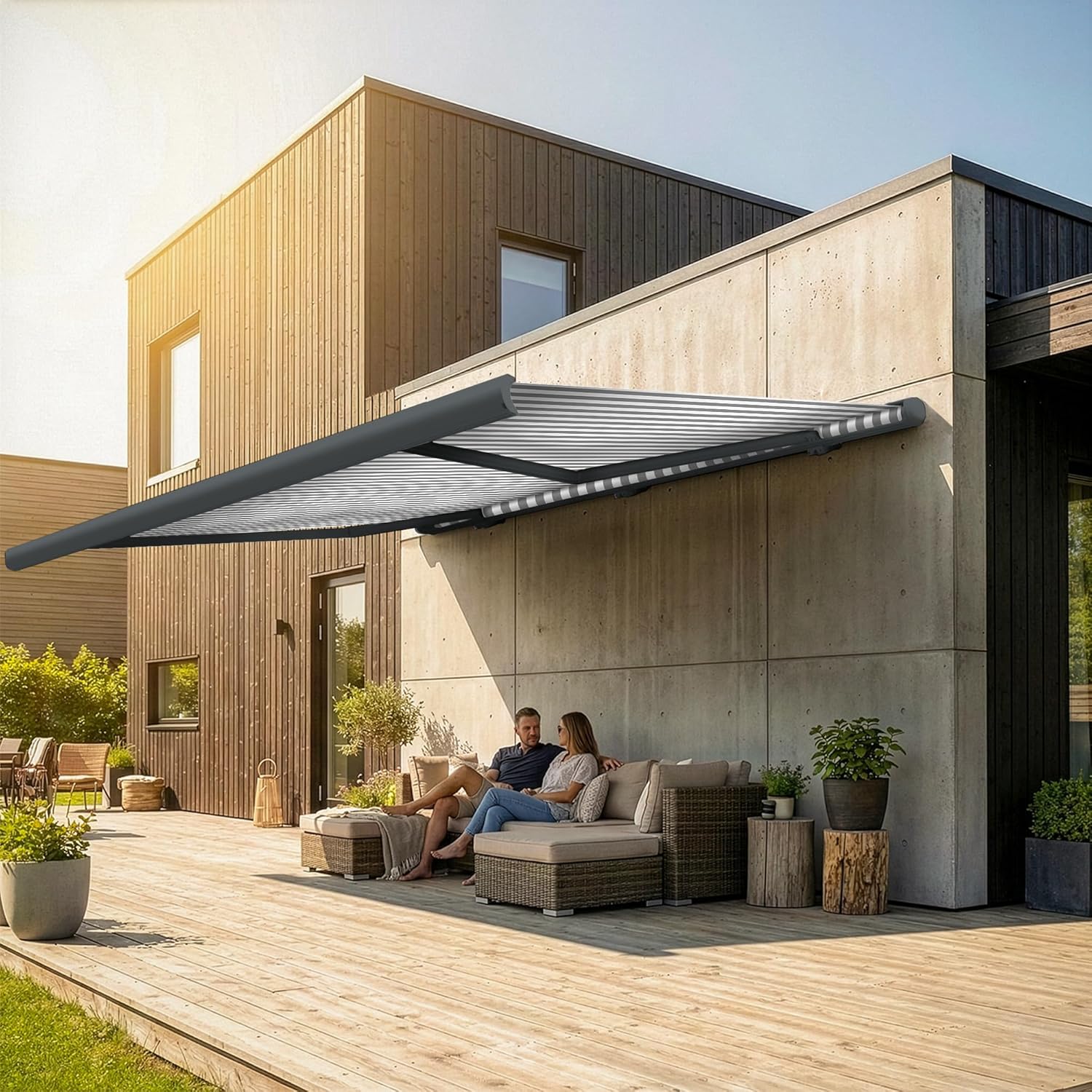 Eclipse Vollkassettenmarkise elektrisch 5,6x3,5 m basaltgraues Gehäuse Markise Balkon Terrassenüberdachung Gelenkarm Polyacryltuch UV-Schutz 50+ Smarthome-fähiger Dooya Motor, Markisentuch: Grau-Weiß