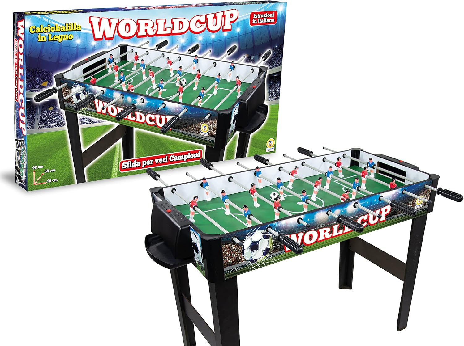 Teorema Giocattoli, calcio balilla edizione worldcup, biliardino da casa con 2 palline e segnapunti, tavolo calciobalilla per adulti e bambini, altezza 62 cm