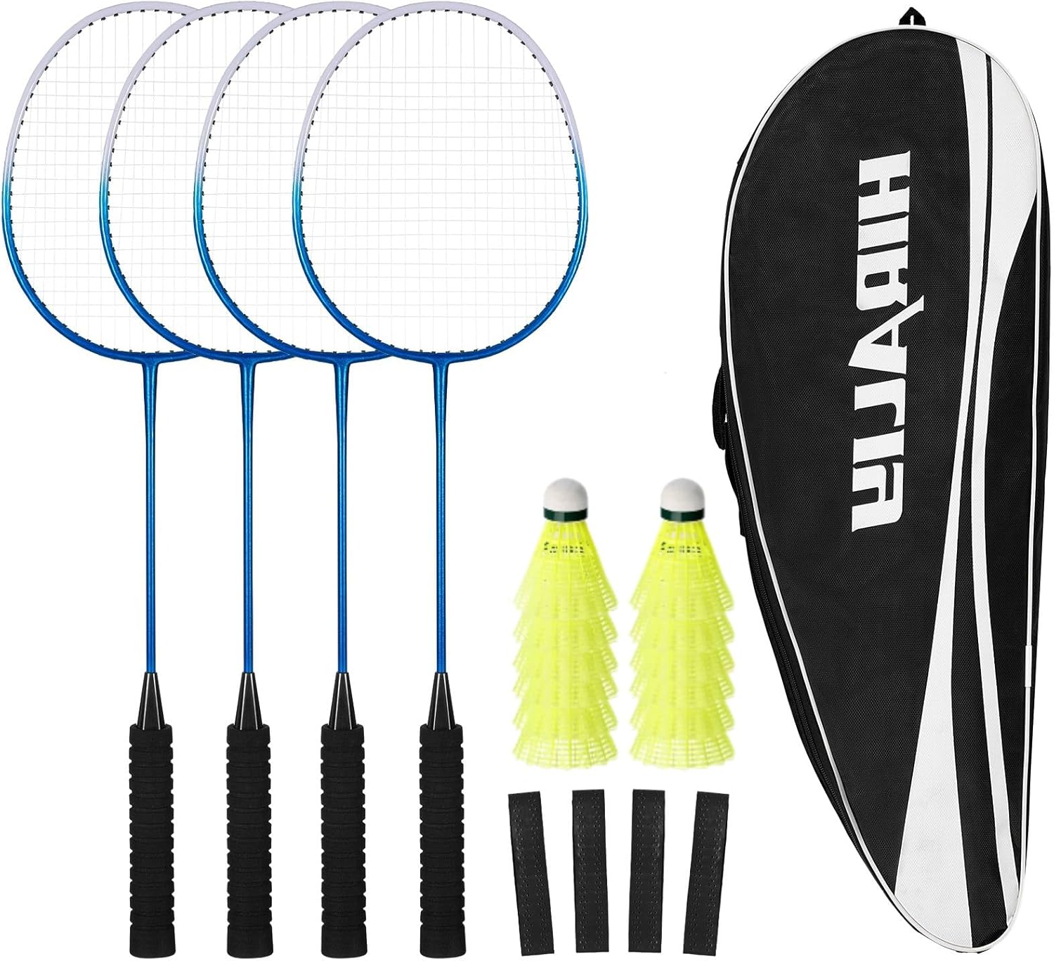 HIRALIY - Set di 4 racchette da badminton per giochi all'aperto, tra cui 4 racchette, 12 volani in nylon, 4 nastri di ricambio e 1 borsa per il trasporto