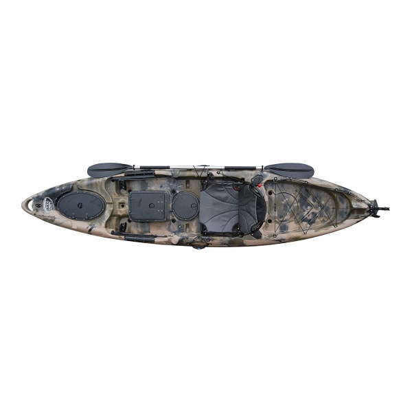 BKC UH-RA220 11.5 foot Riptide Angler Sit On Top Fishing Kayak with Paddles and Upright Chair and Rudder System Included (Camo)