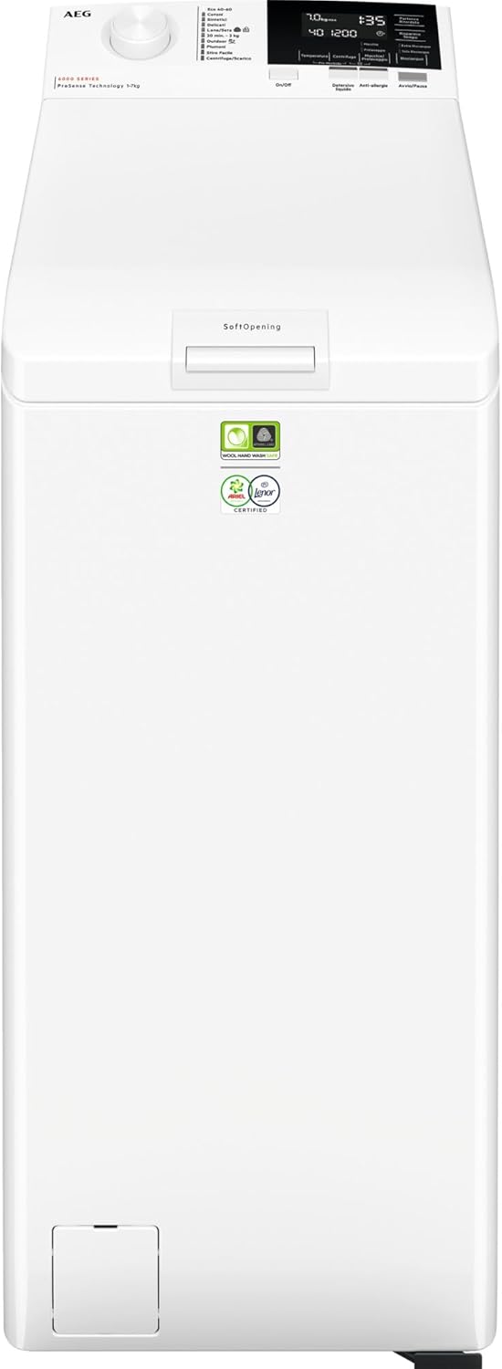 AEG Lavatrice Carica dall'Alto Serie 6000 LTR6G37A, 7 kg, Classe A, Tecnologia ProSense, Display LCD Touch, Eco TimeSave,1251 giri/min, Design Compatto, Soft Opening, 599x397x903 mm, Bianco