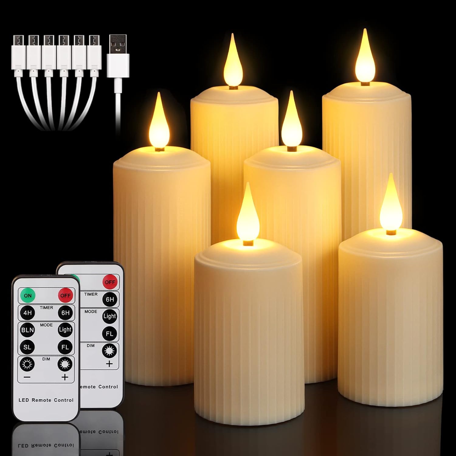 yunsheng Candele LED ricaricabili con telecomando a 10 pulsanti, candele impermeabili da esterno senza fiamma con timer 6/8H, set di 6 candele romane (5,1x10,5/14/16,5 cm), avorio, tipo-C