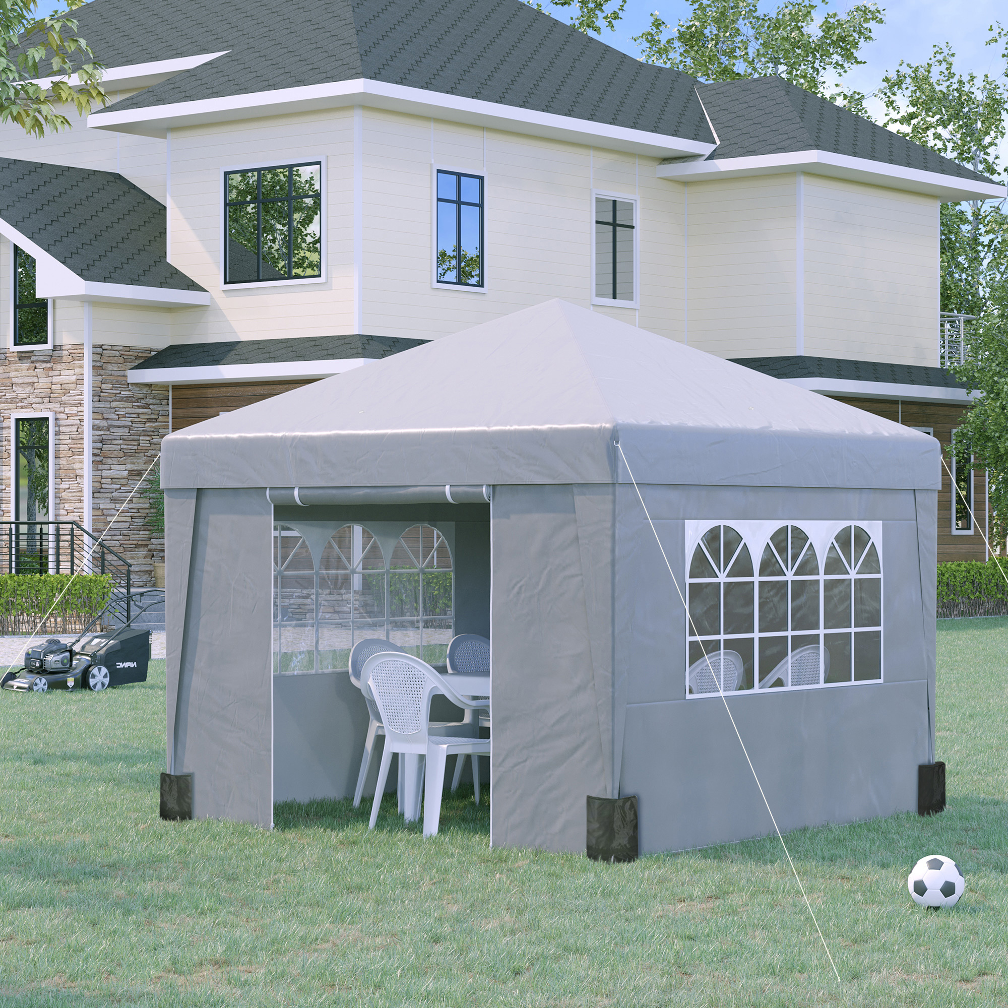 Outsunny Faltbarer Gartenpavillon 3 x 3 x 2,75 m UV-Schutz 30 + mit Fenstern + Seitenwänden + Transporttasche grau
