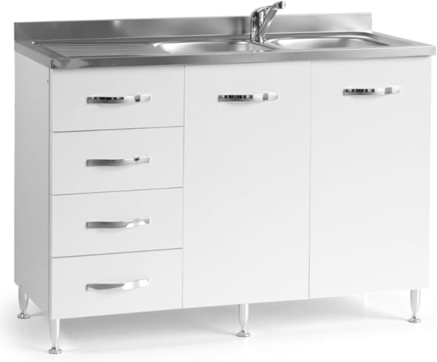 Sottolavello 120 Solo Mobile Cucina con 4 Cassetti e 2 Ante in Legno Made in Italy H85xL120xP50 cm Facile da Montare (Vasca a Destra, Bianco Frassinato)