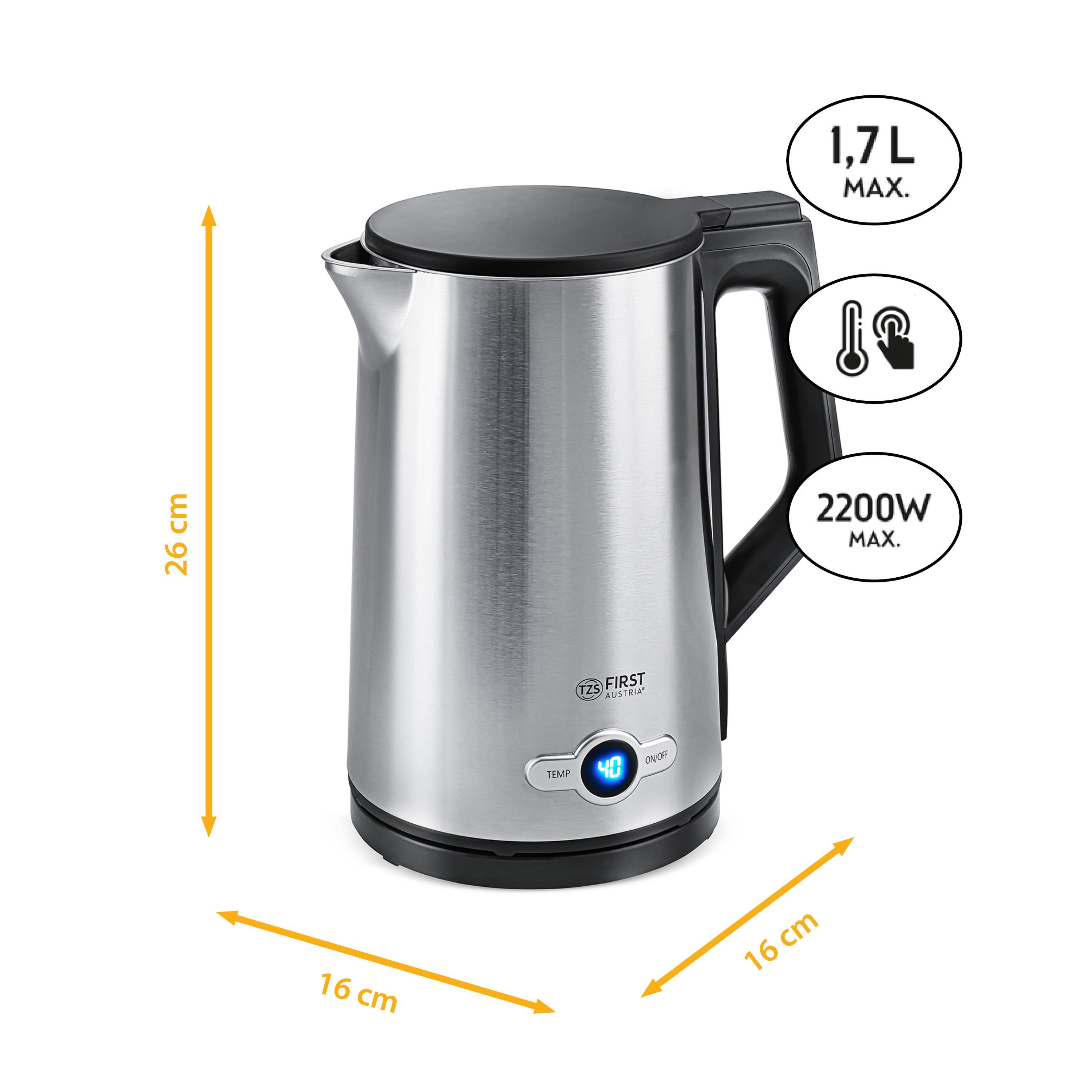 Wasserkocher Edelstahl, 2200W, 1,7 L, Temperatureinstellung 60-100°C, Kalkfilter